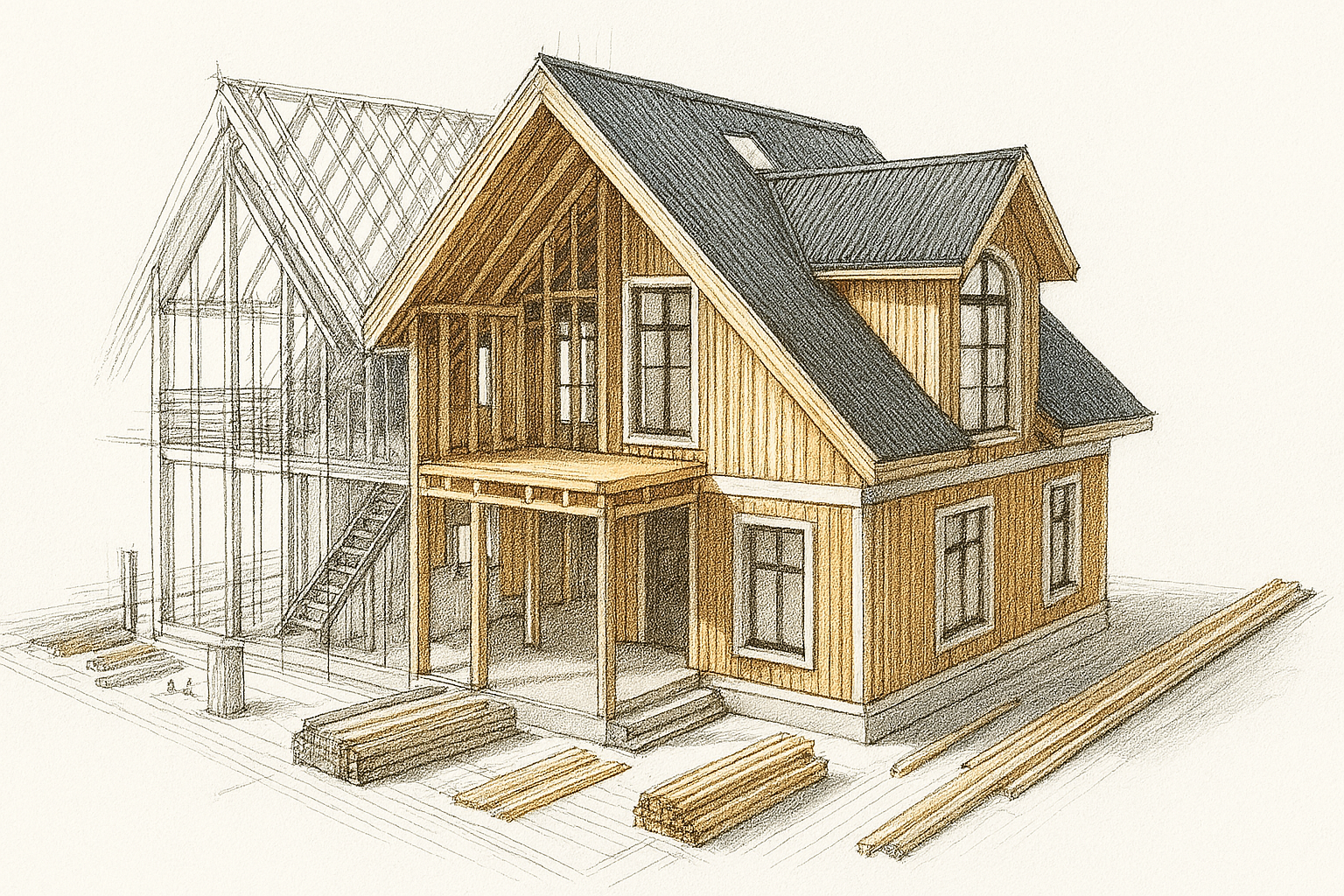 An illustration of a house under construction.