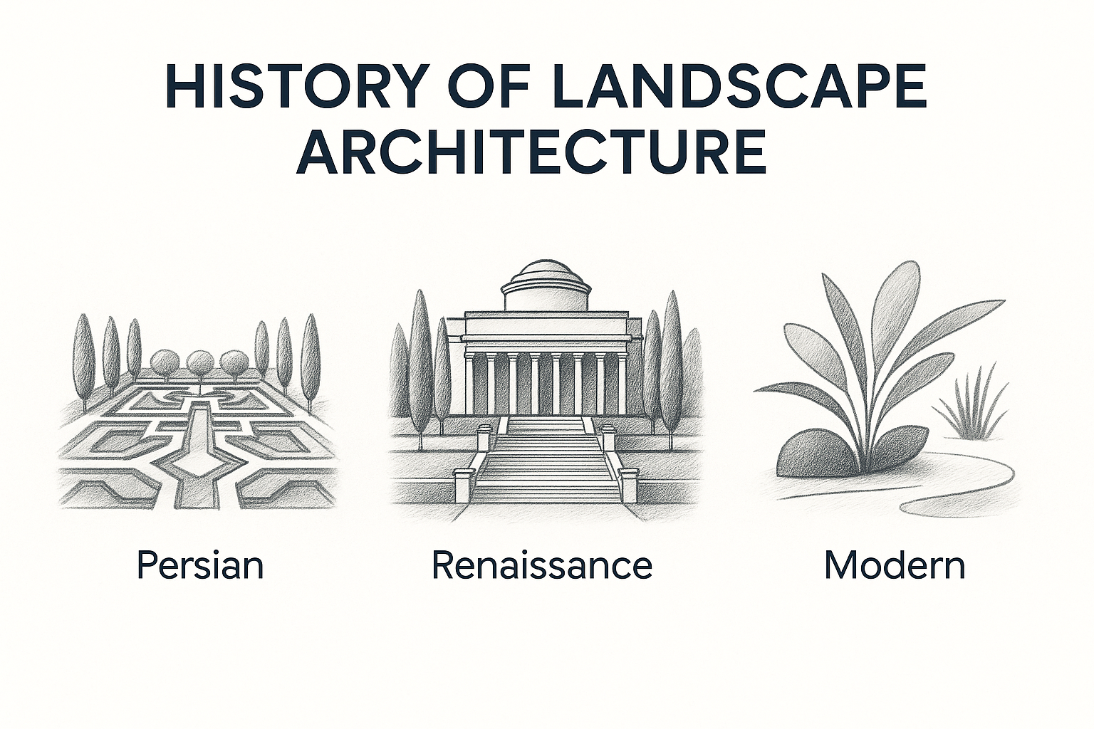 Timeline of landscape architecture history with key periods and styles.
