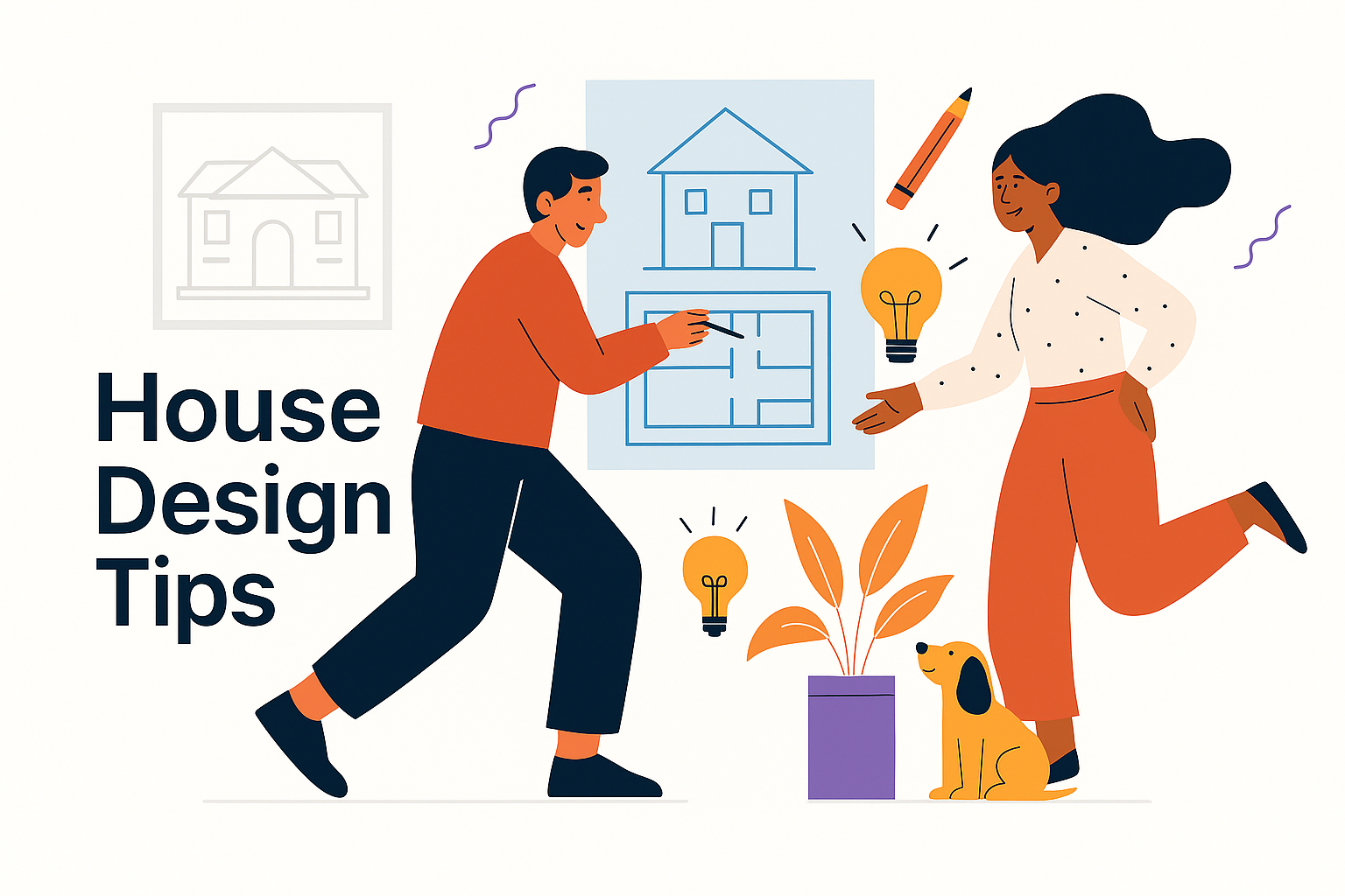 Illustration of two people discussing a house floor plan with design tools, ideas, and home elements.