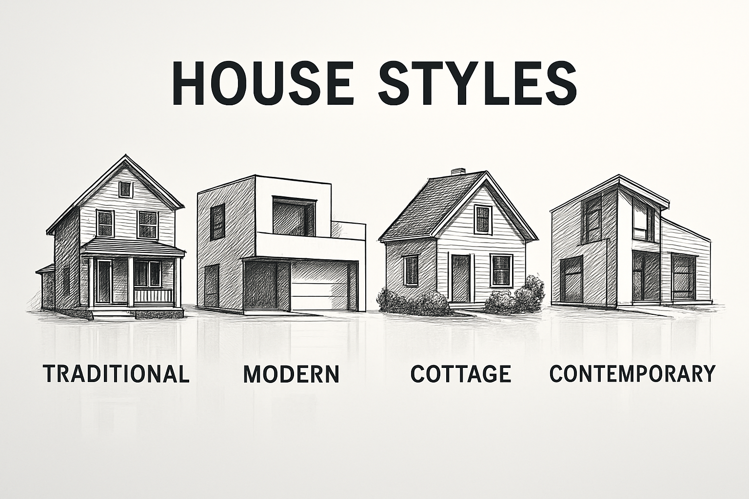 Showing traditional, modern, cottage, and contemporary house styles.