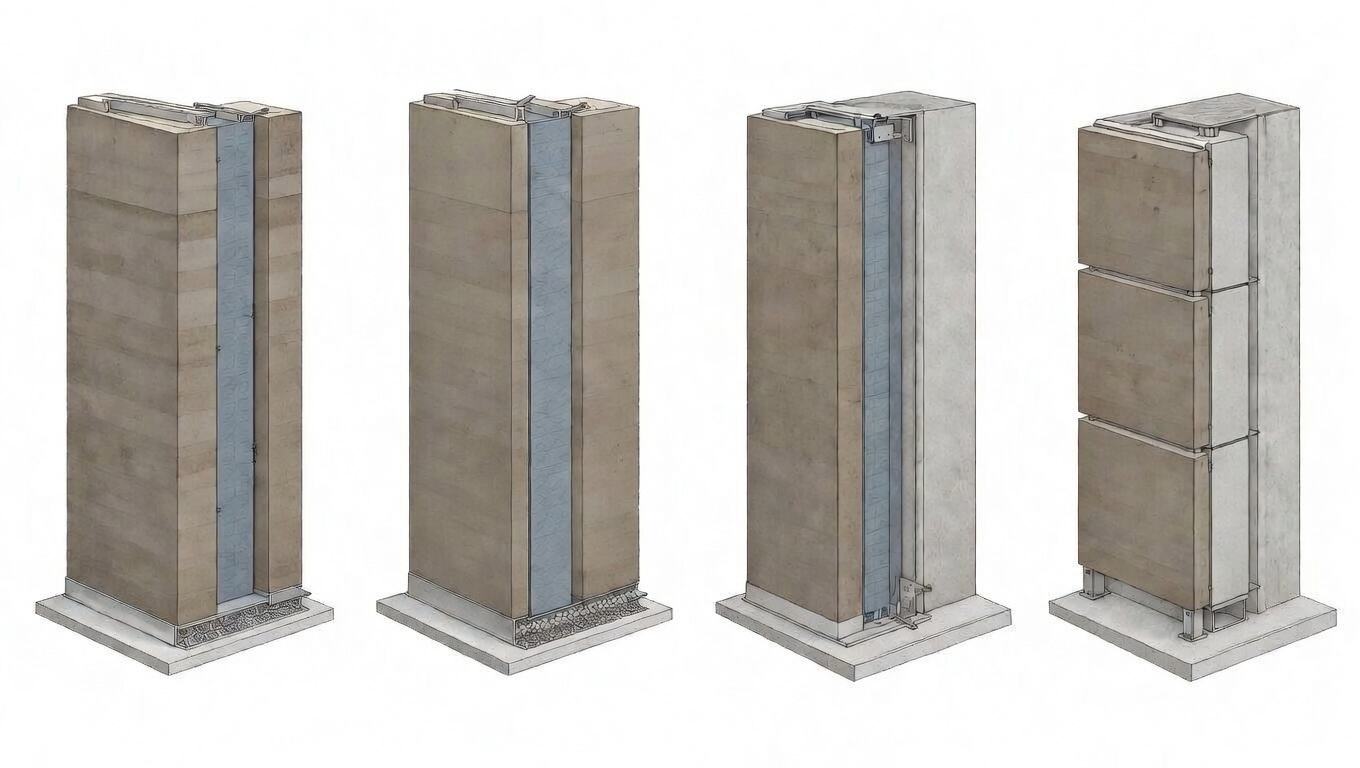 Insulated rammed earth wall assemblies showing double-wythe, hybrid, and panelized systems.