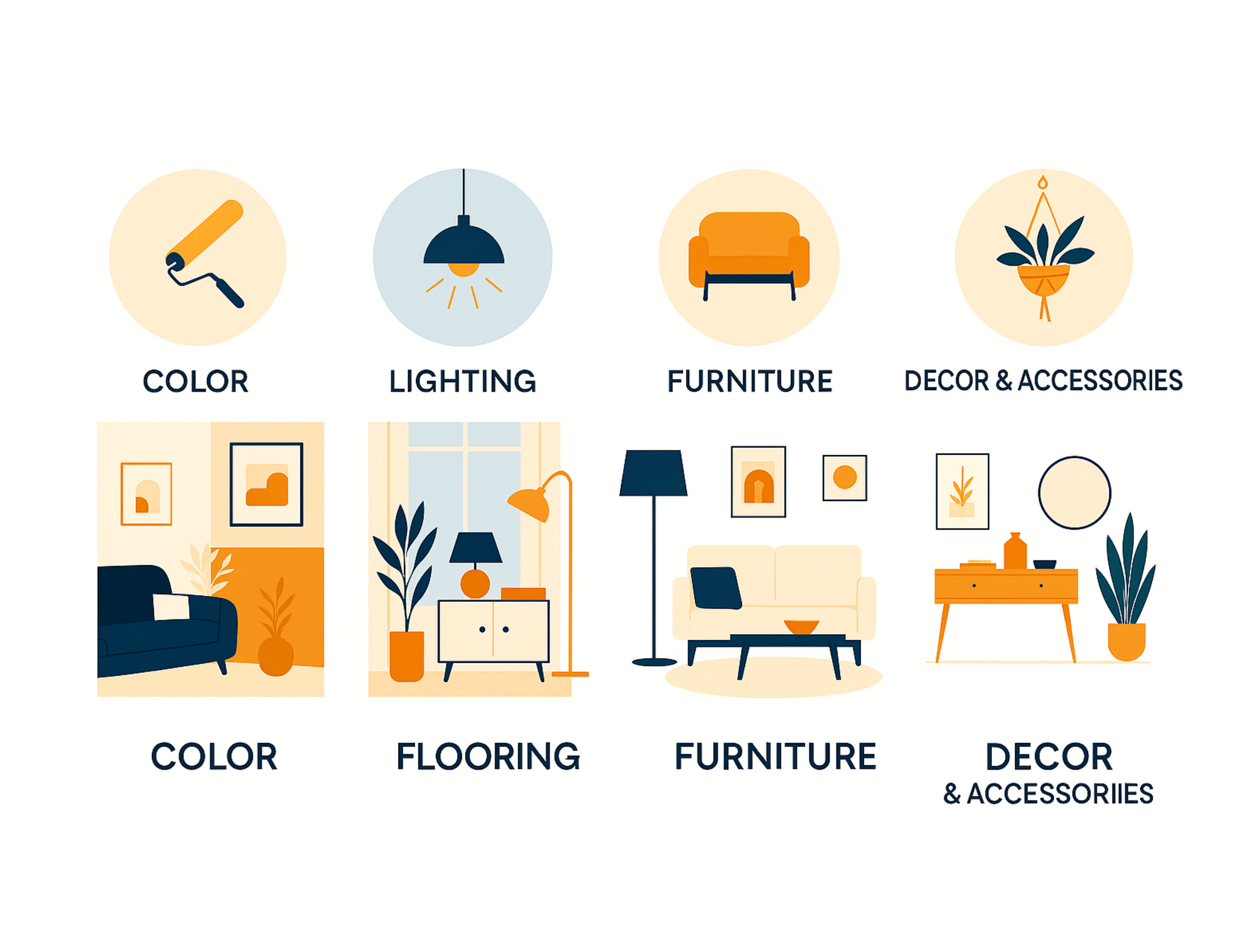 Illustration of key interior design elements: color, lighting, flooring, furniture, and decor.