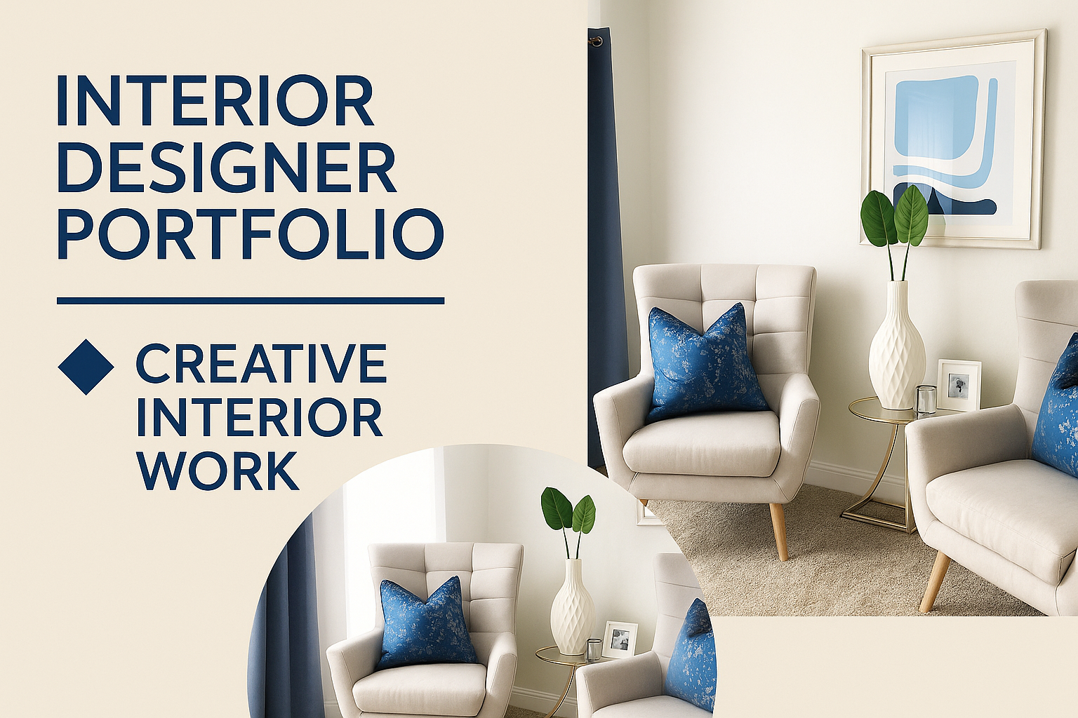 Creative graphic design of an interior designer portfolio cover featuring a modern living space and sketched architectural elements.