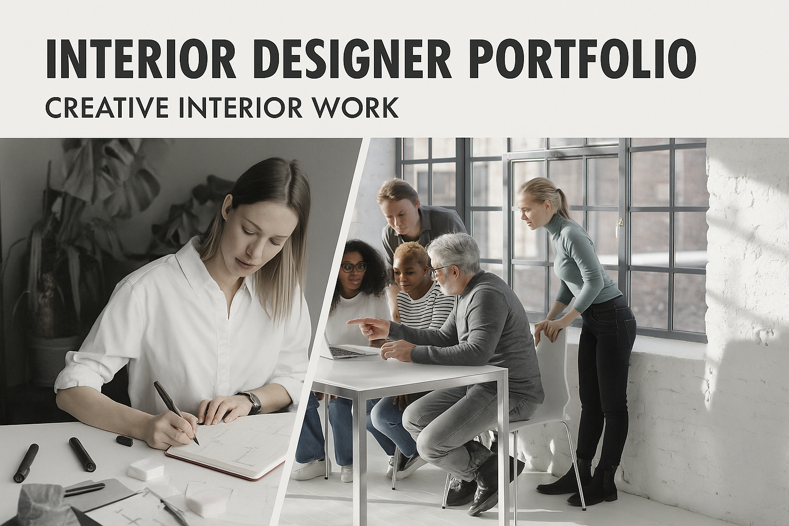 Interior design team reviewing a portfolio with sketches, plans.