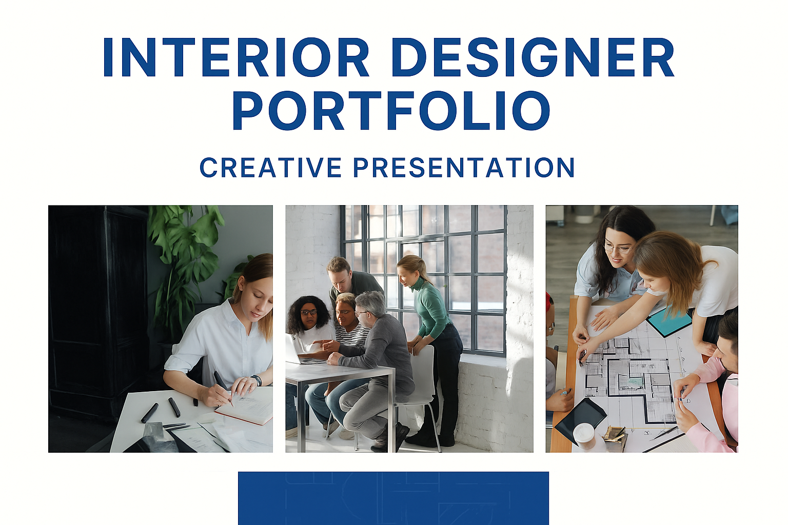 Interior designer presenting a portfolio concept with team and sketches