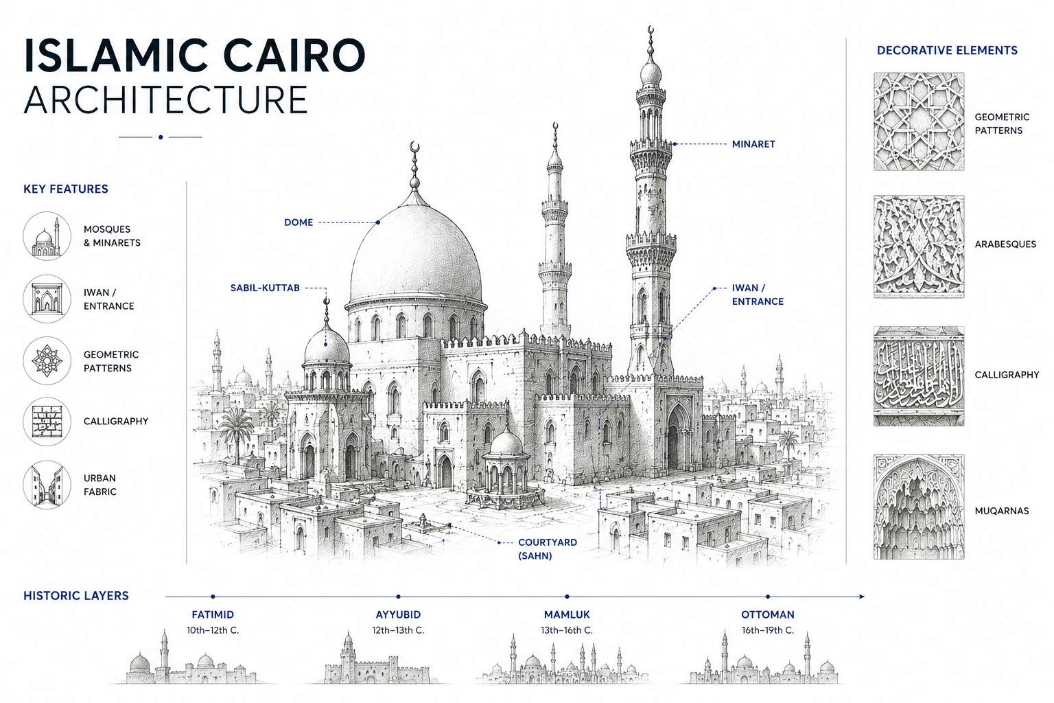 Diagram of Islamic Cairo architecture showing a mosque complex, minaret, dome, sabil-kuttab, courtyard, narrow streets, and dense urban fabric.