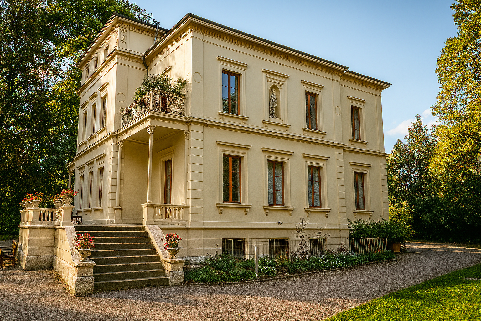 Restored Italian-style villa with tall windows, balcony, and garden path.