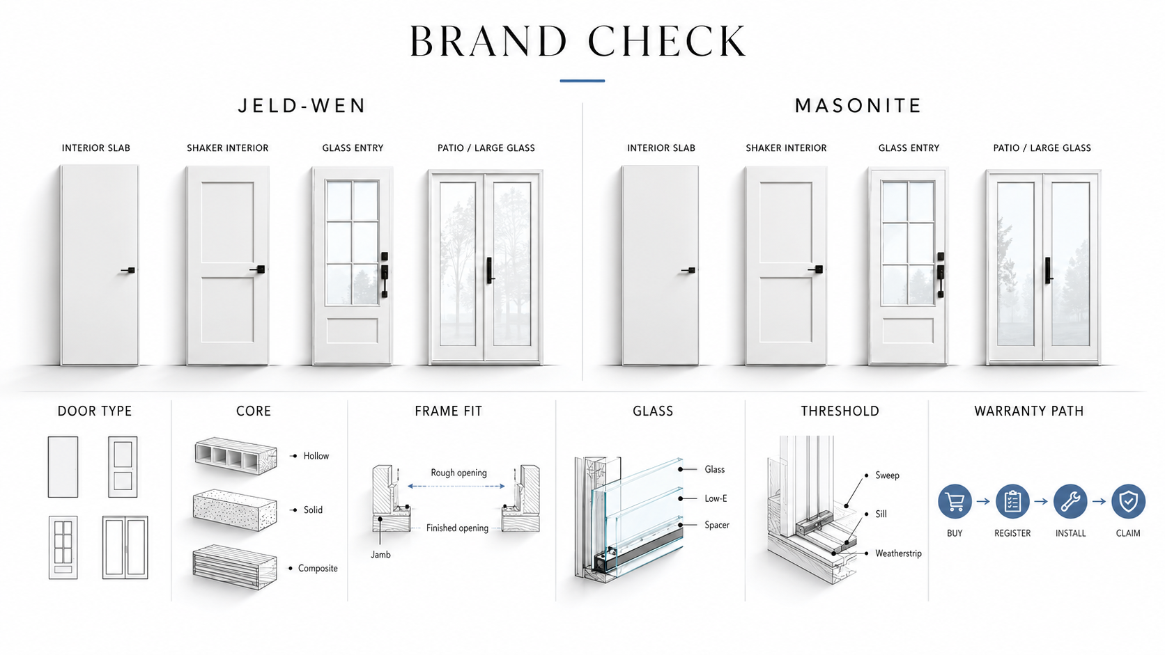 JELD-WEN vs Masonite door comparison diagram showing door categories and the main buying checkpoints: door type, core, frame fit, glass, threshold, and warranty path.