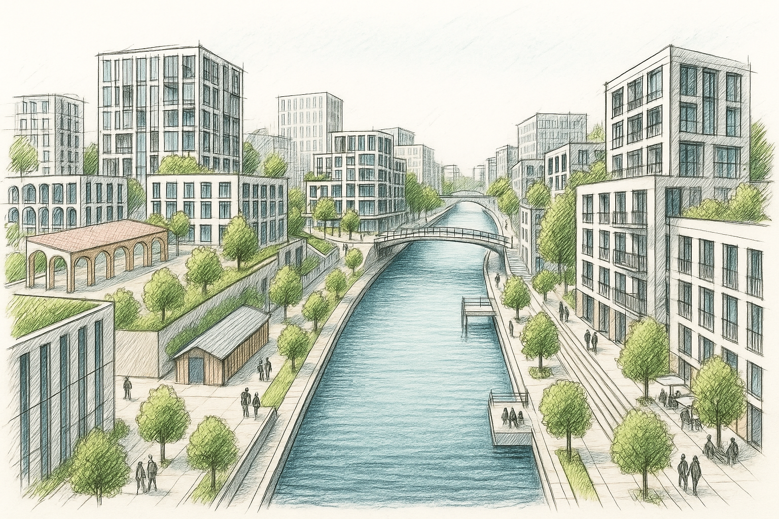 City river acting as a natural edge between two urban districts with a connecting bridge.
