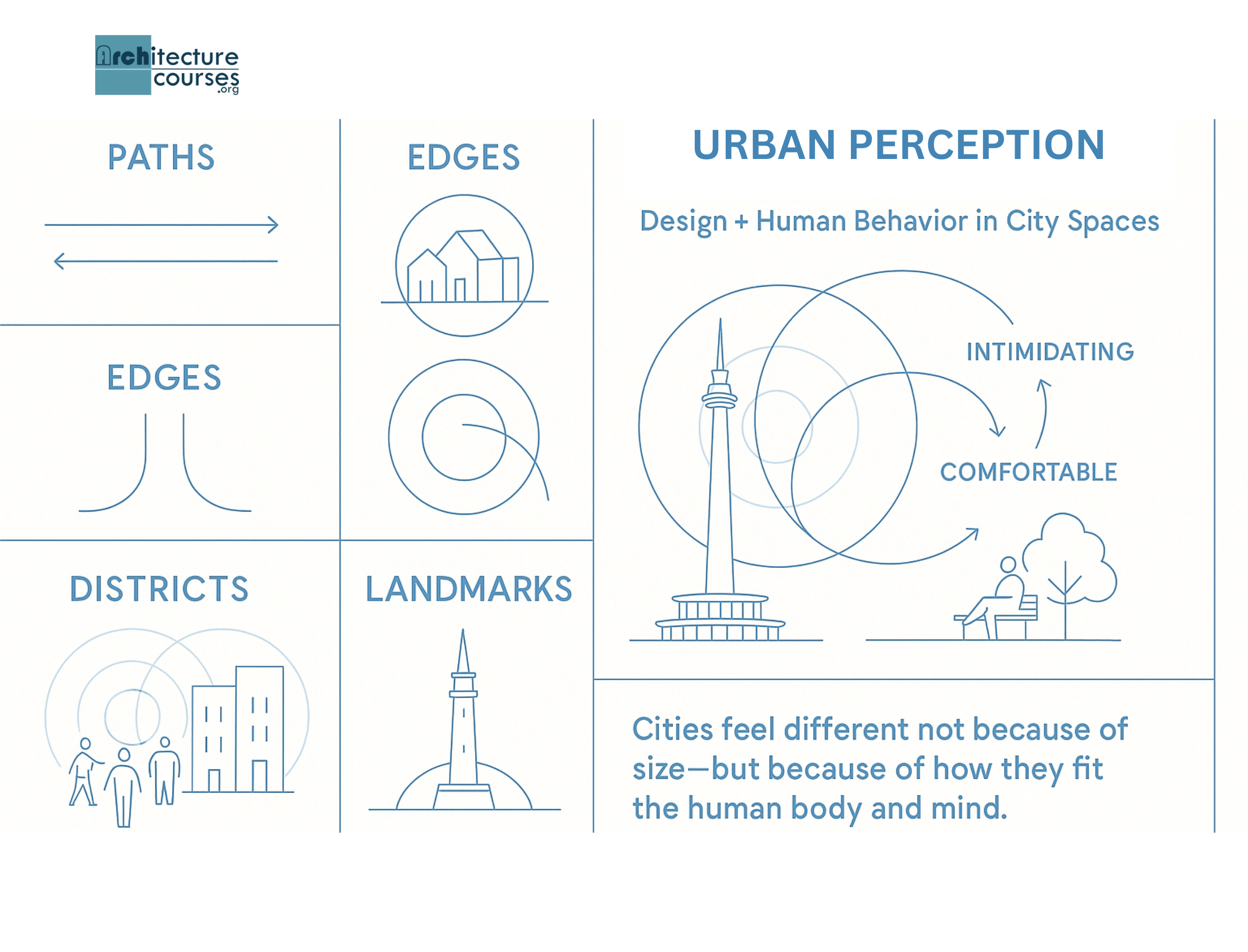 Infographic connecting Kevin Lynch’s city elements to human behavior and movement.
