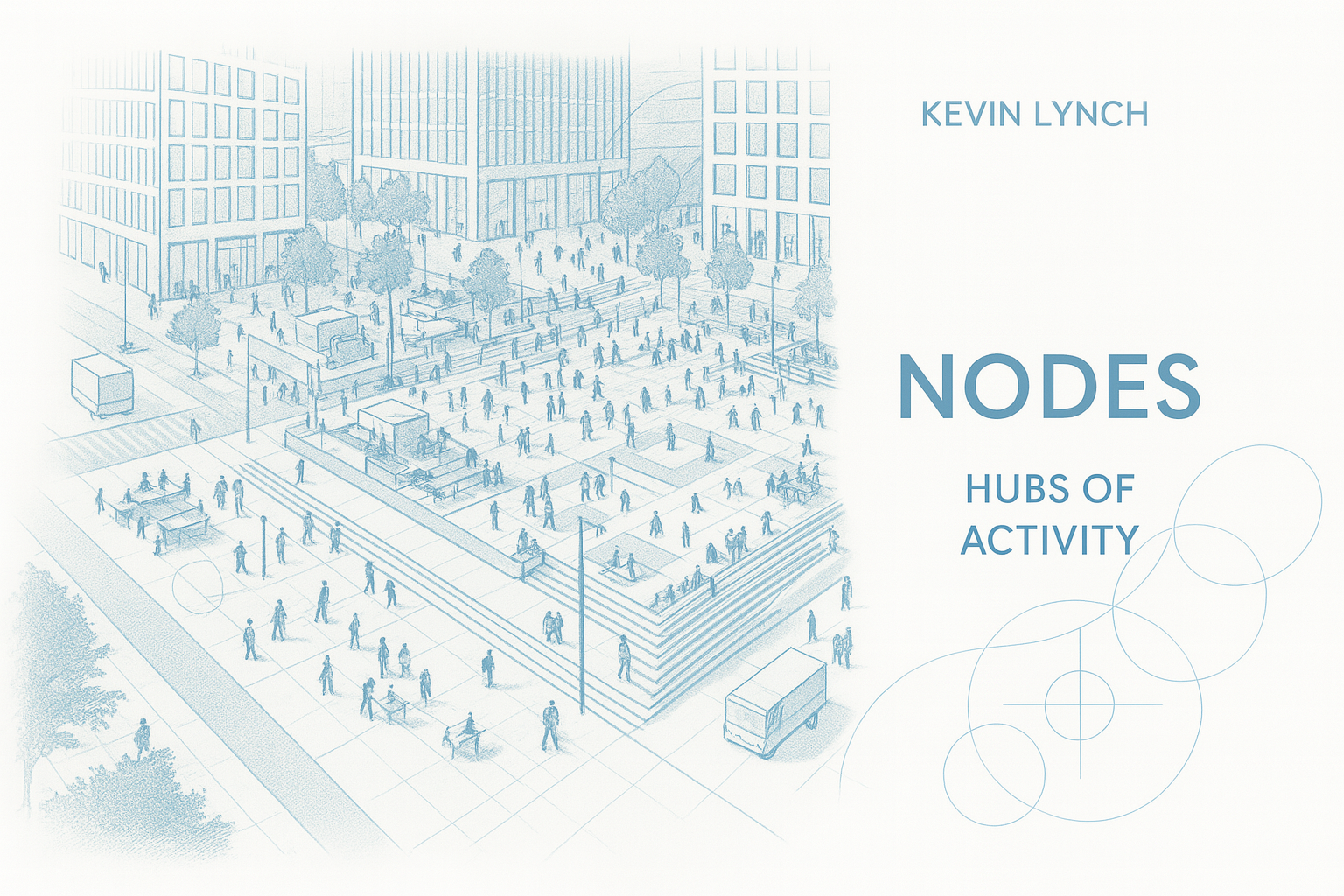 Busy urban square representing a node as a hub of activity and social interaction.