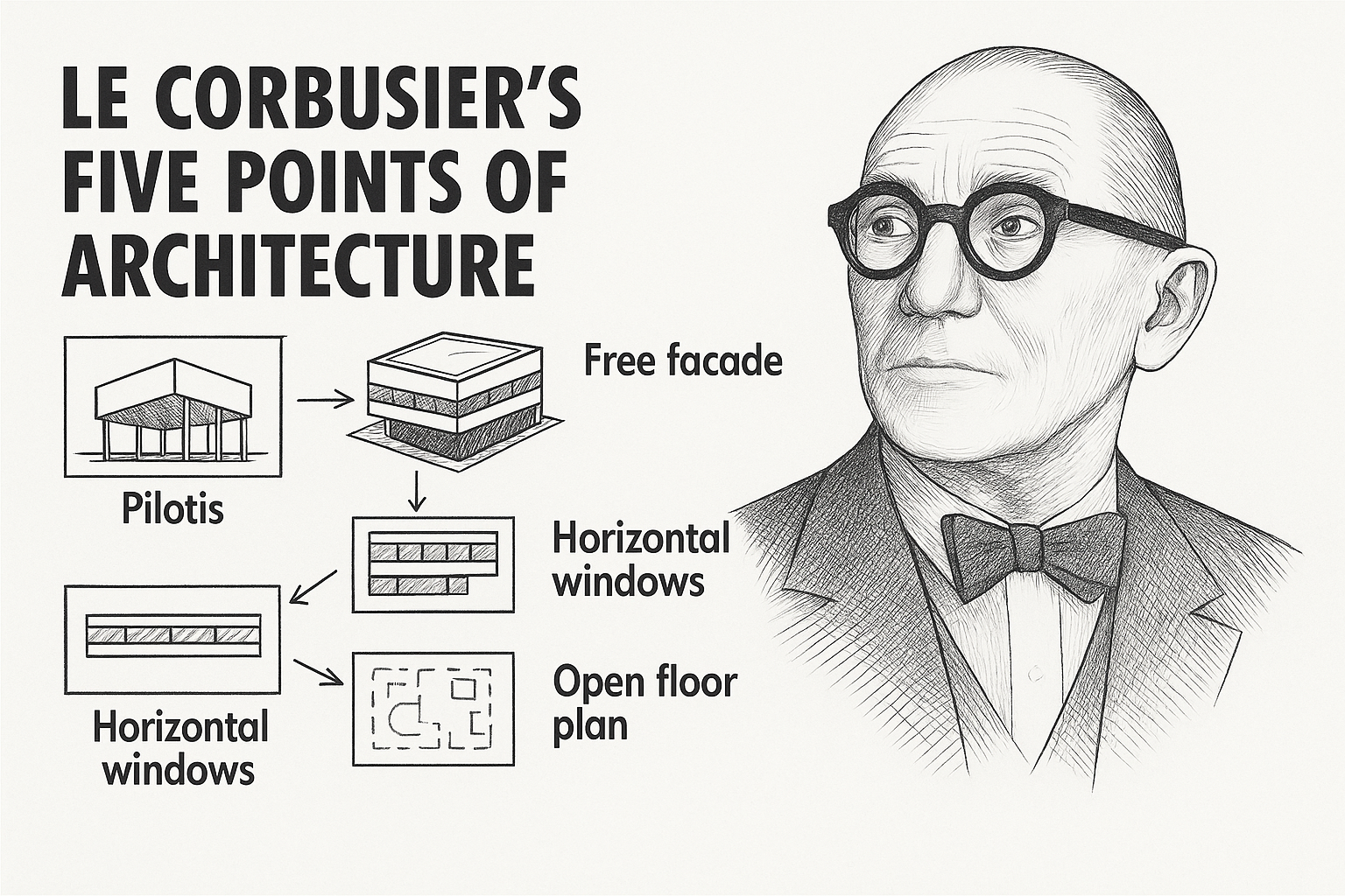 Sketch of Le Corbusier with labeled diagrams of his Five Points of Architecture.