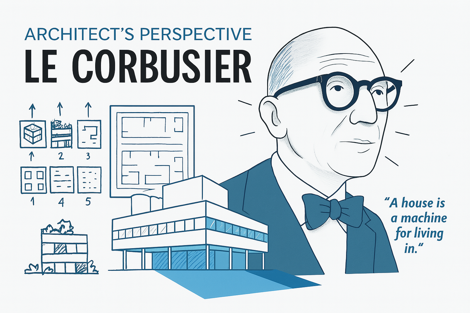 Modernist sketches and portrait silhouette of Le Corbusier with architectural diagrams.
