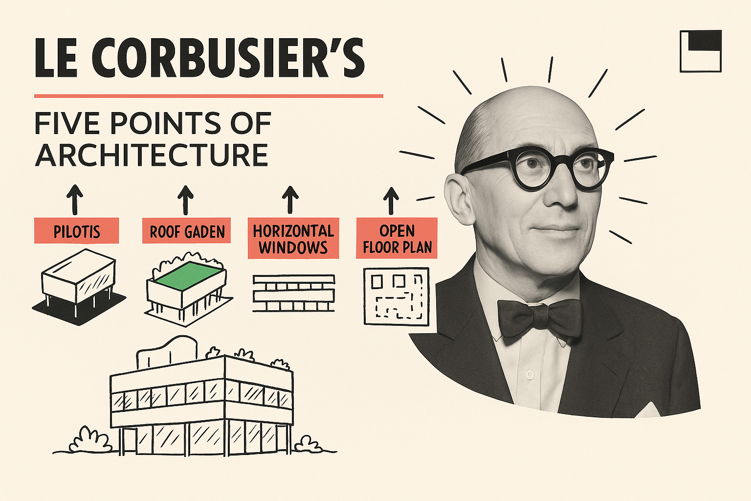 Diagram showing Le Corbusier’s Five Points of Architecture with visual labels.
