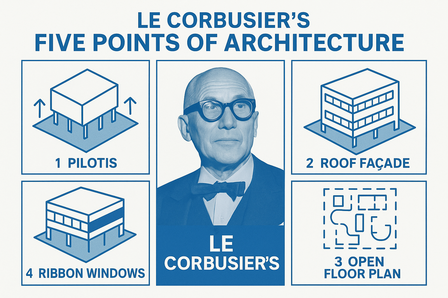 Sketch of Le Corbusier with labeled Five Points of Architecture diagrams.