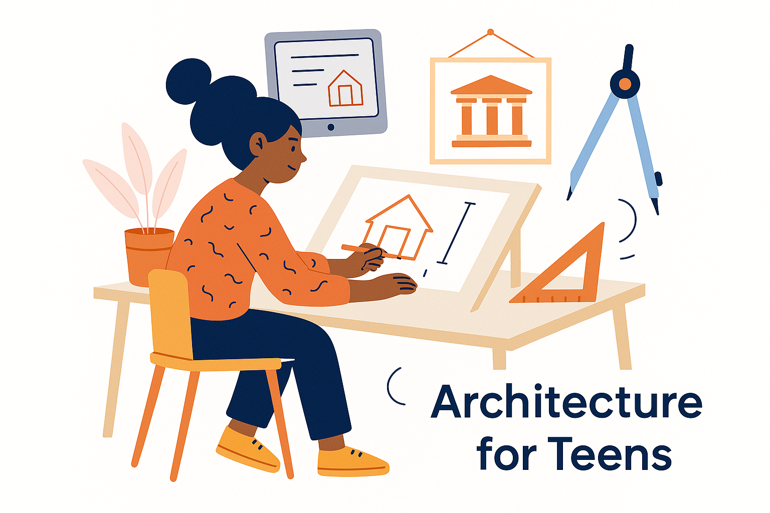 Teen girl sketching house plans at drafting desk with tablet and compass nearby