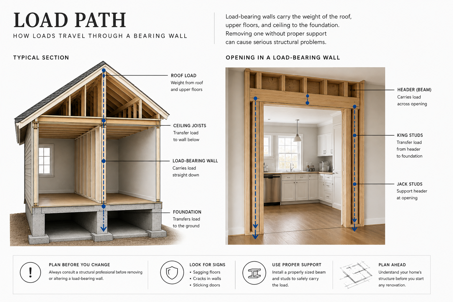 Simple framing diagram showing how to check if a wall is load-bearing.