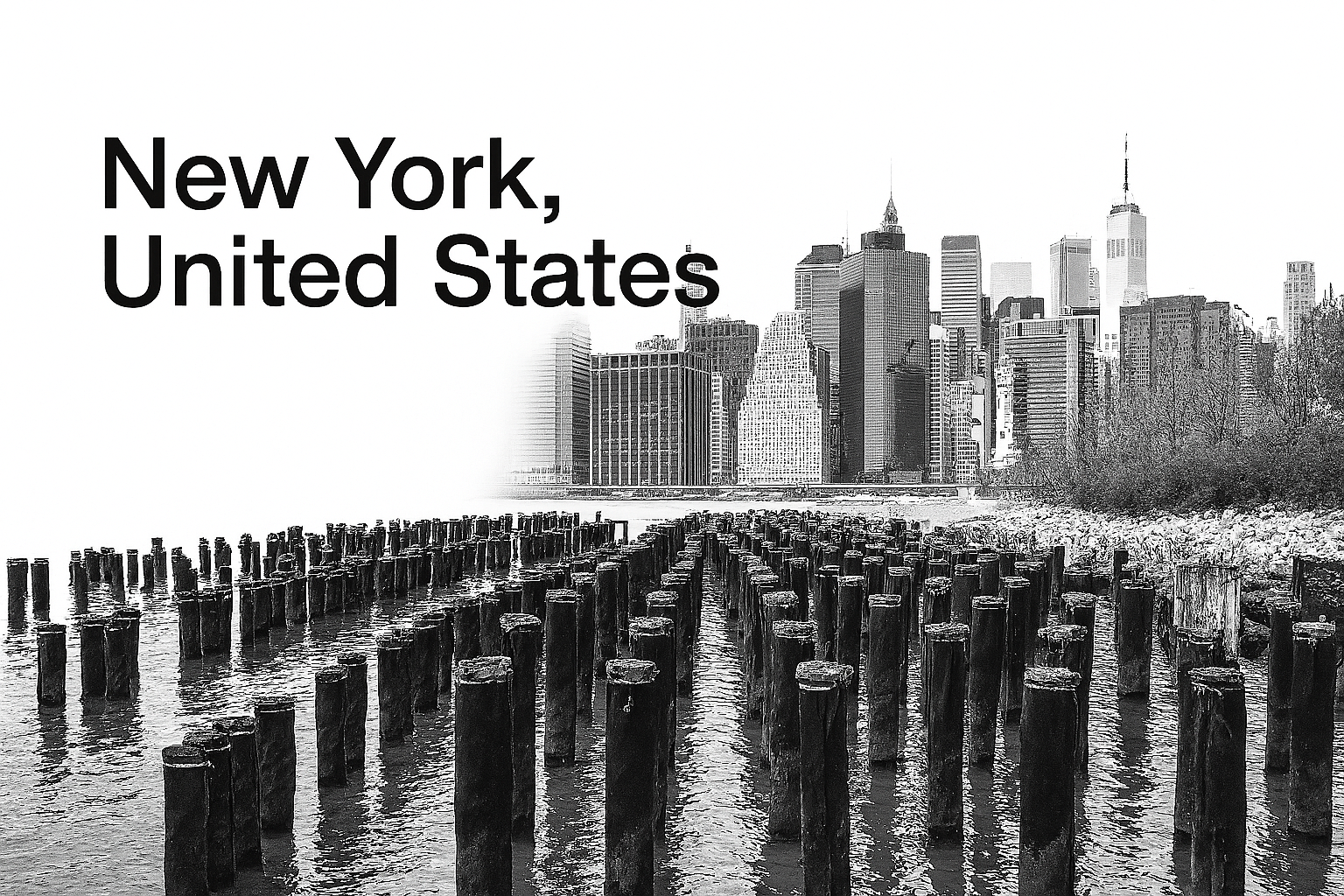 Black and white view of Manhattan skyline from Brooklyn.
