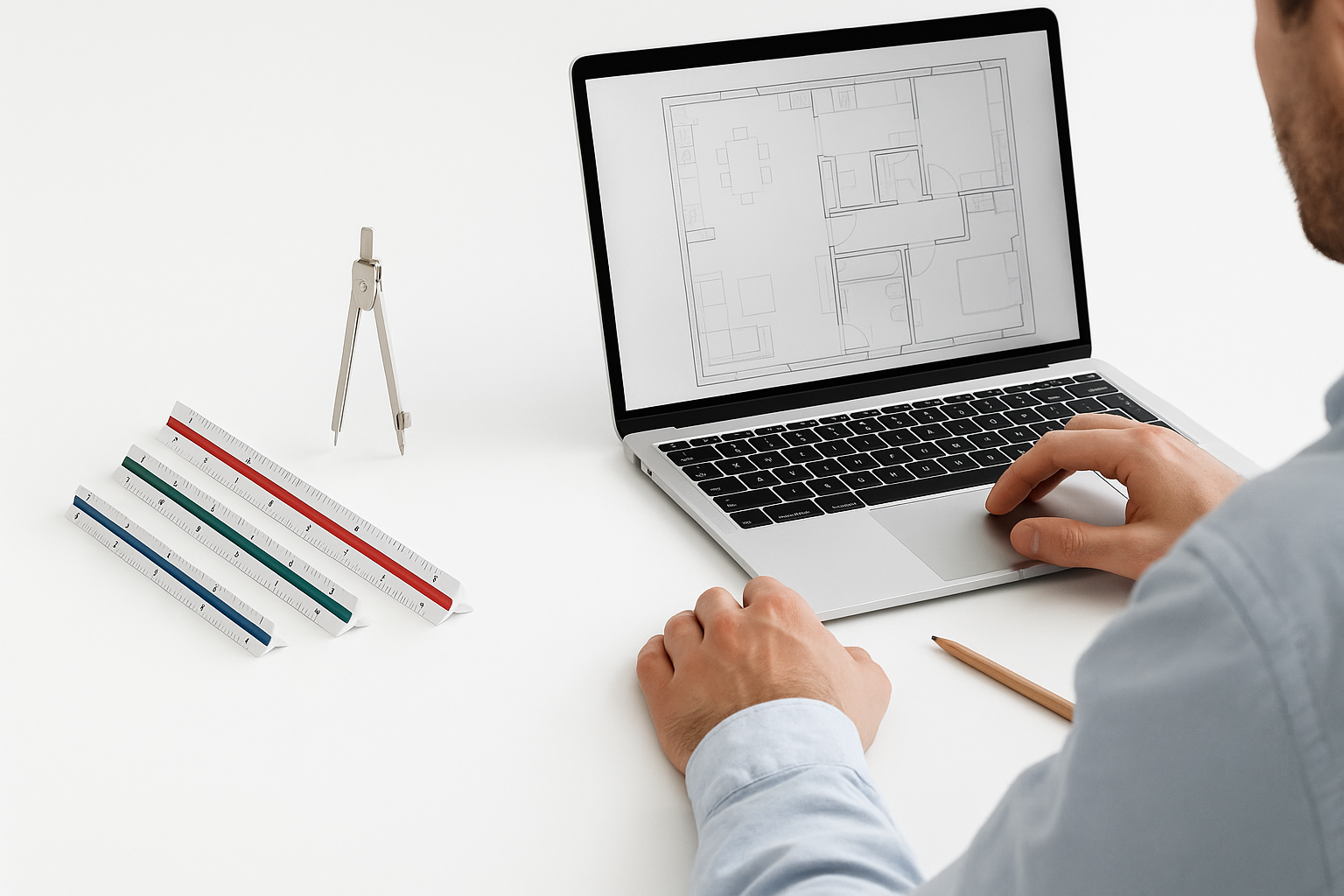 Architect using computer for digital drafting with manual tools like rulers and paper nearby.