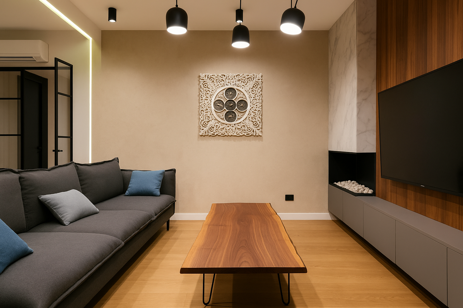 Minimalist modern living room with open layout and simple furnishings.