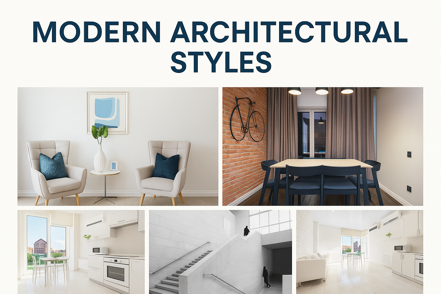Five modern interior spaces blended in a horizontal collage.