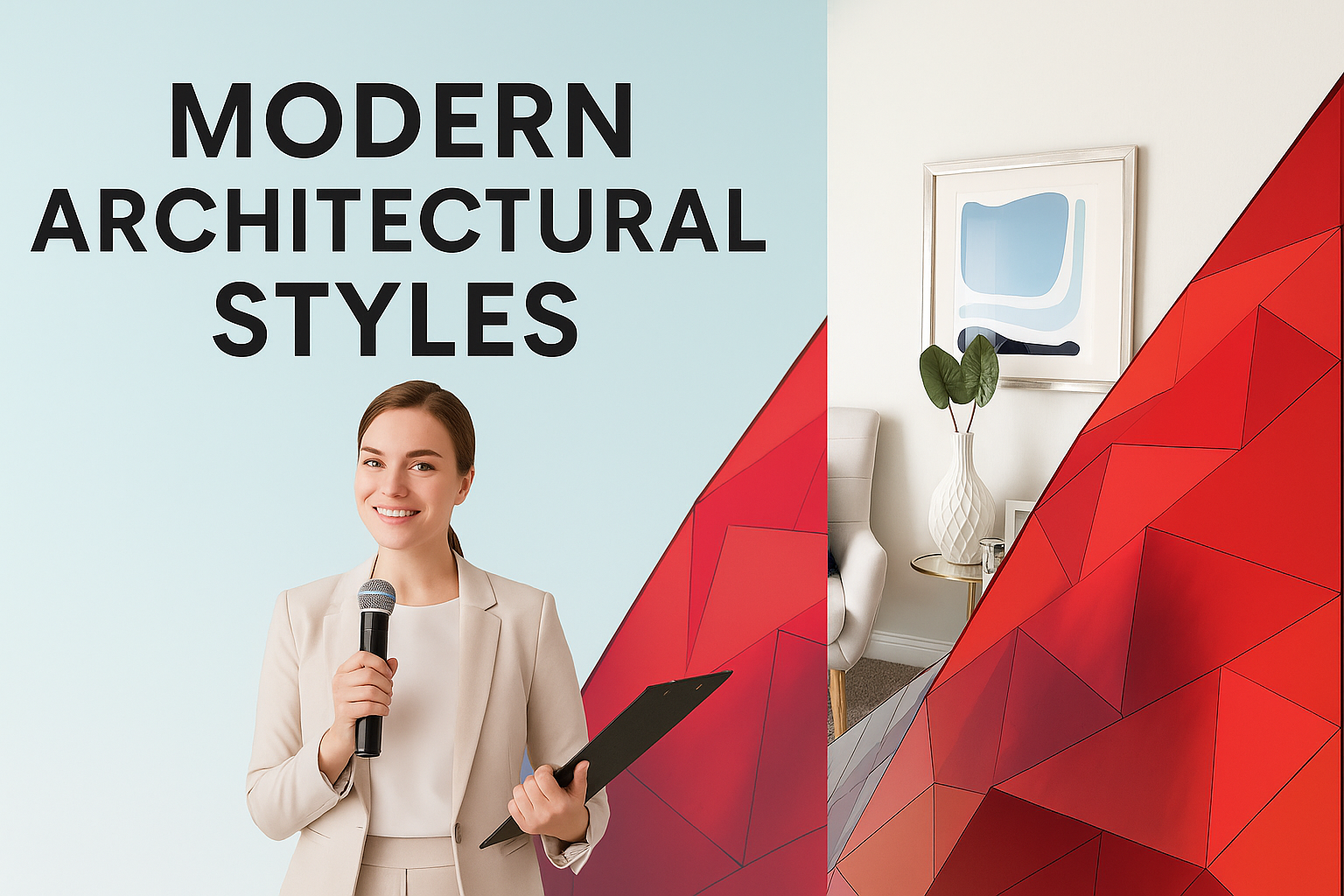 Woman presenter with red geometric architecture and modern interior backdrop.