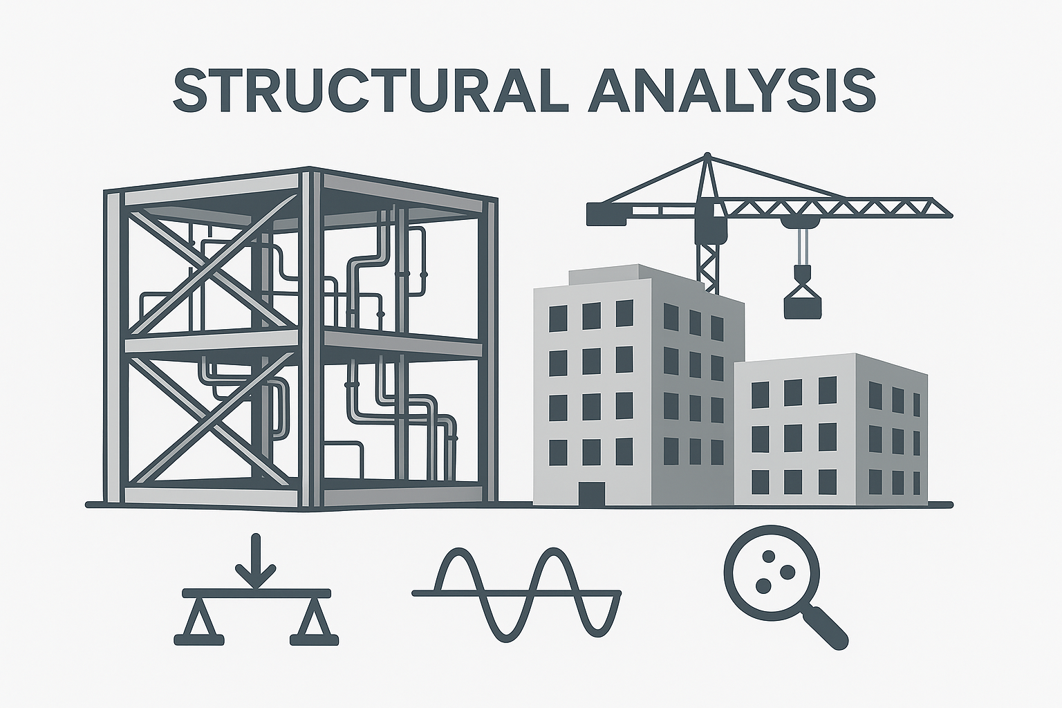 Cutaway of multi-story frame with structural models and calculations.