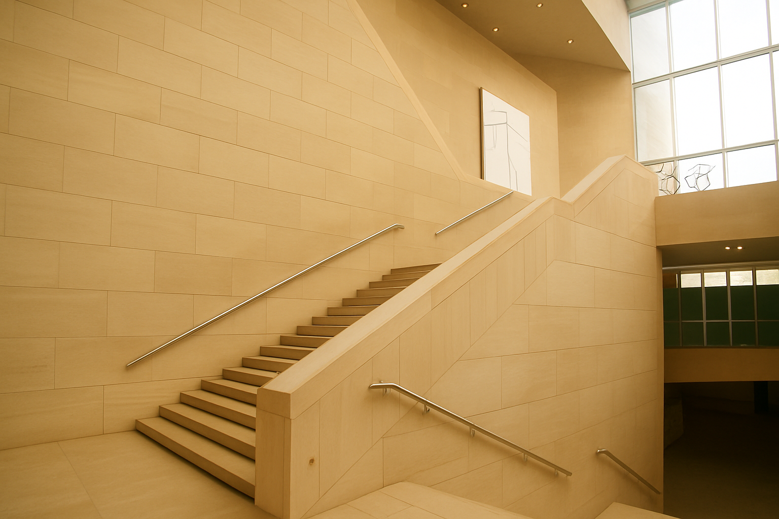 Interior concrete staircase with beige stone walls and minimalist metal handrails.