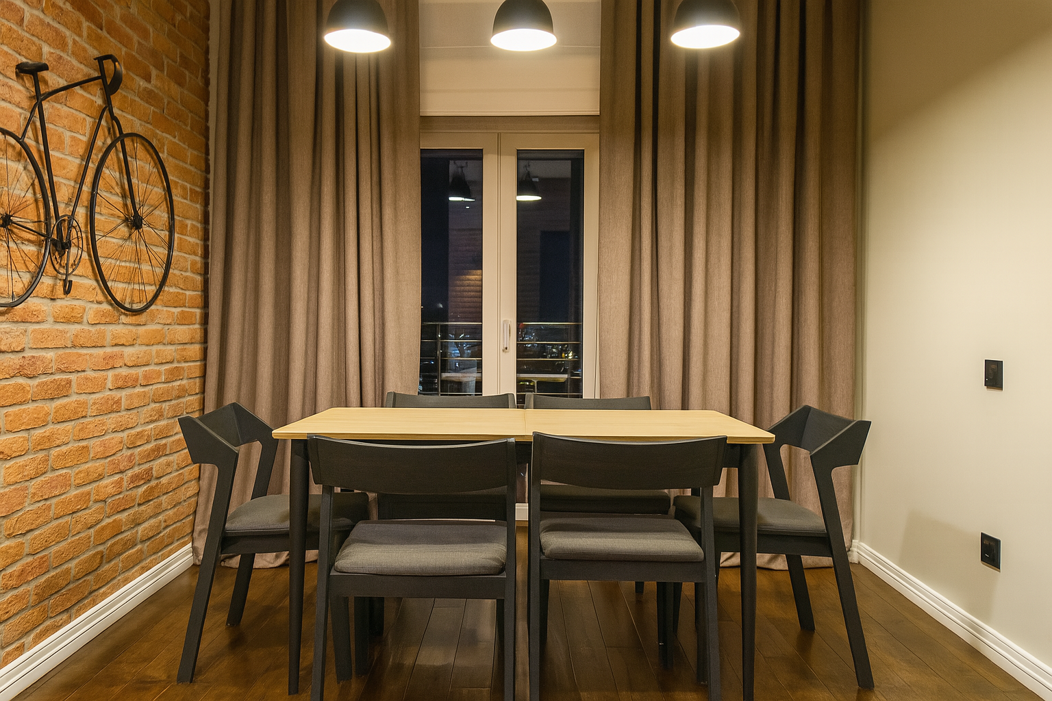 Modern dining area at night with brick wall, hanging bicycle, and muted lighting.