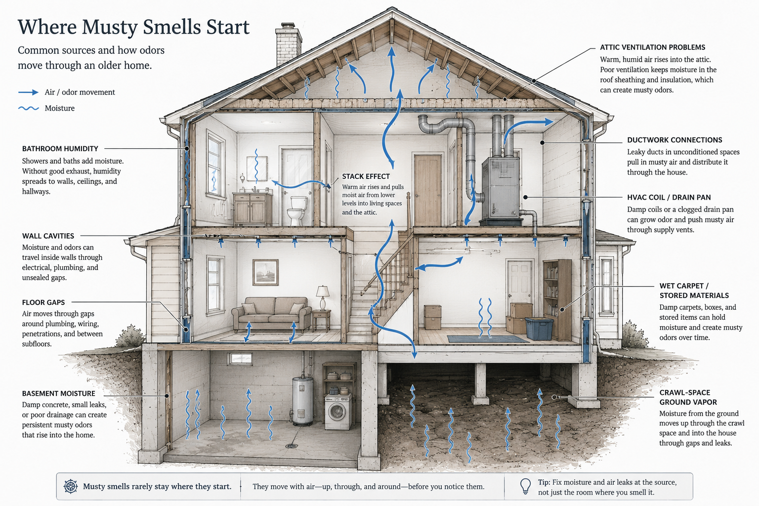 Diagram showing attic, bathroom, HVAC, basement, crawl space, and wall cavity causes of musty house smells.