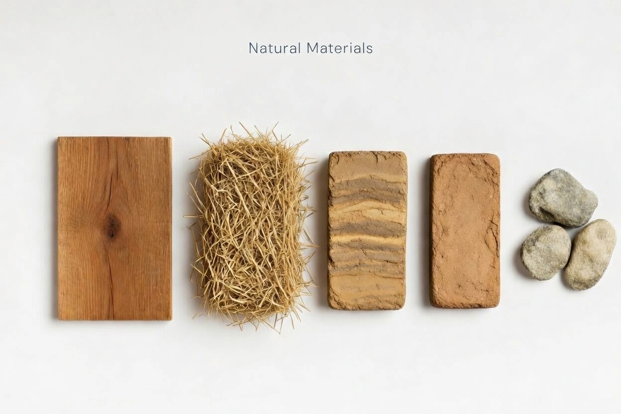 A selection of authentic natural building materials used in sustainable and traditional construction.
