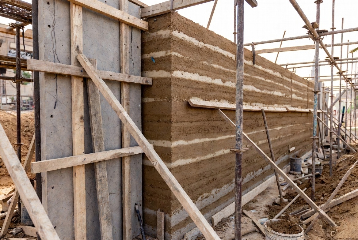 Rammed earth wall under construction with formwork, scaffolding, and visible layered compaction.