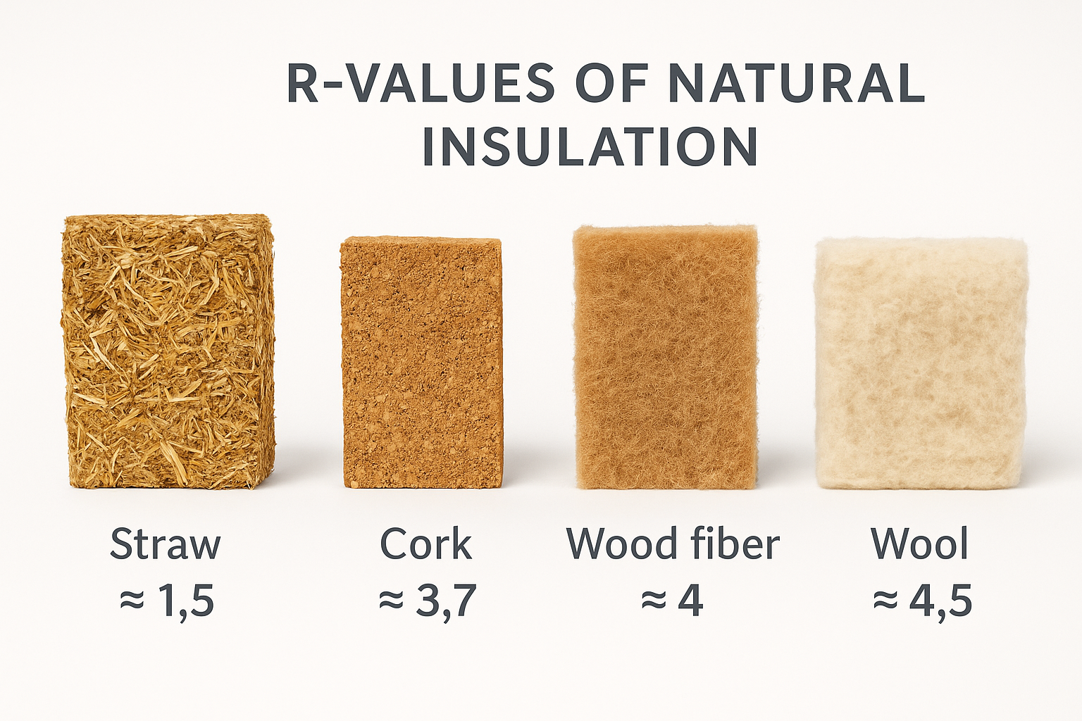 Blocks of straw, cork, wood fiber, and wool showing R-values per inch.