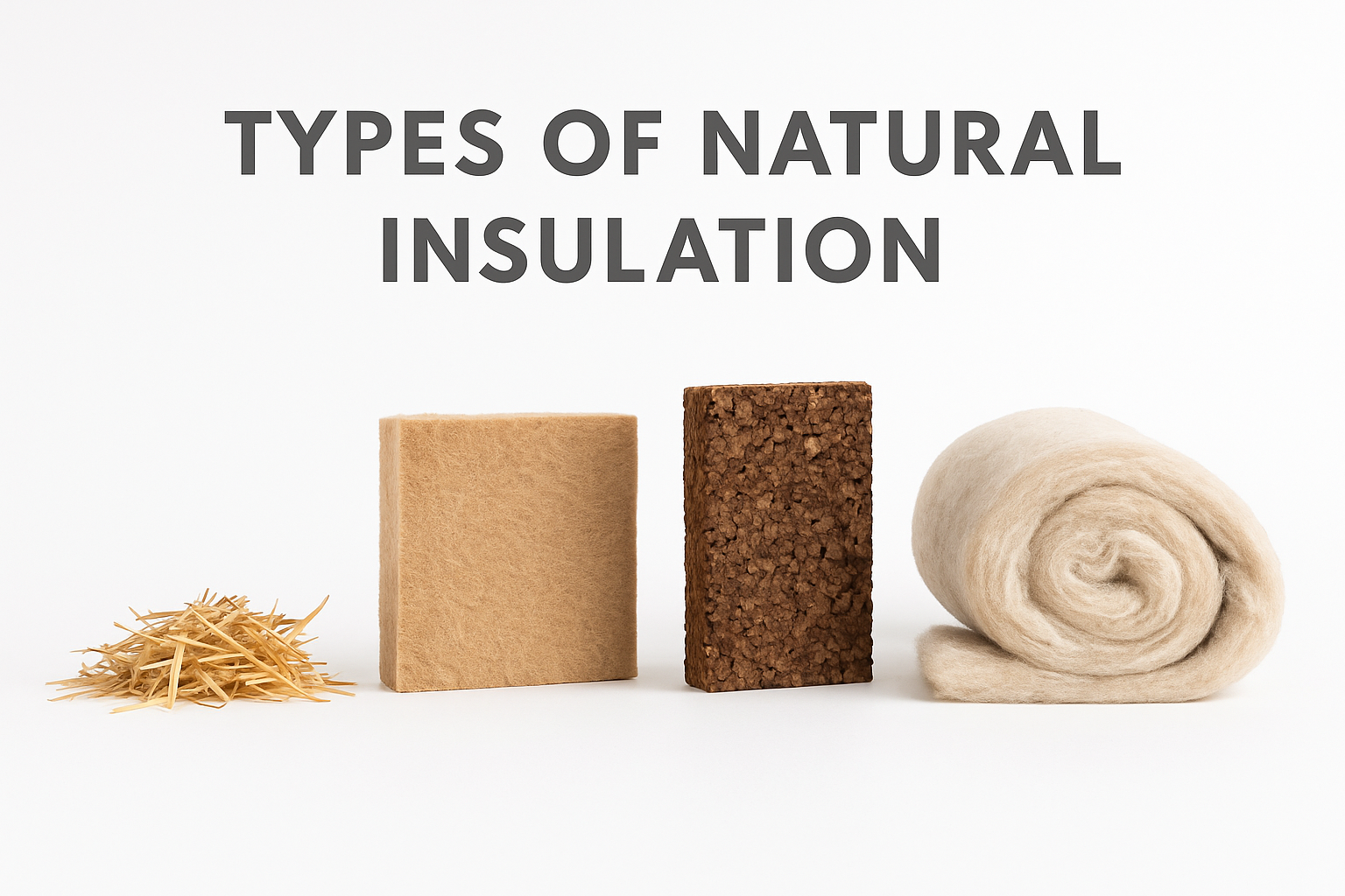 Natural insulation materials types including sheep's wool, hemp, cotton, wood fiber, and cork.