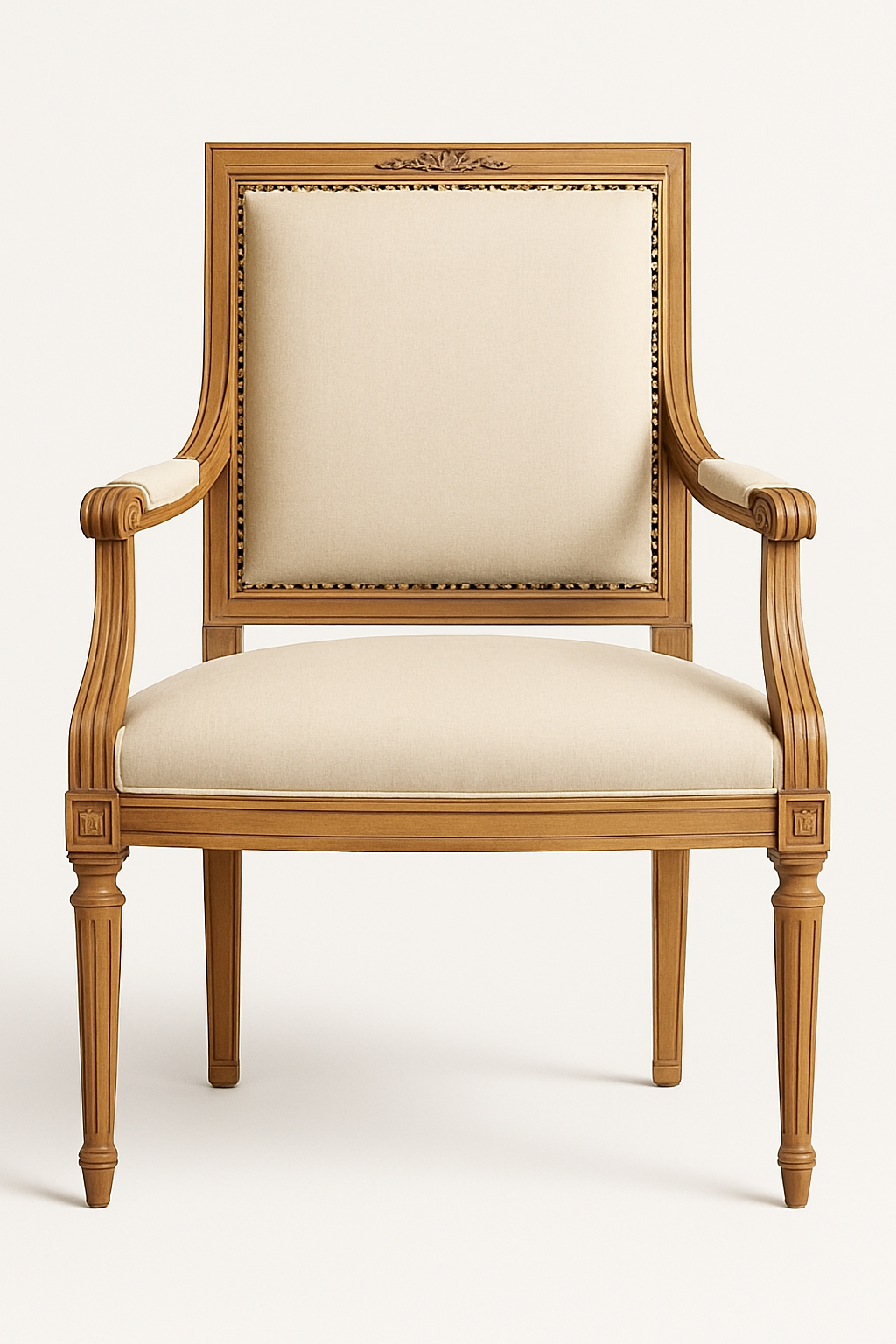 Neoclassical square-back armchair with cream upholstery and carved wooden frame.