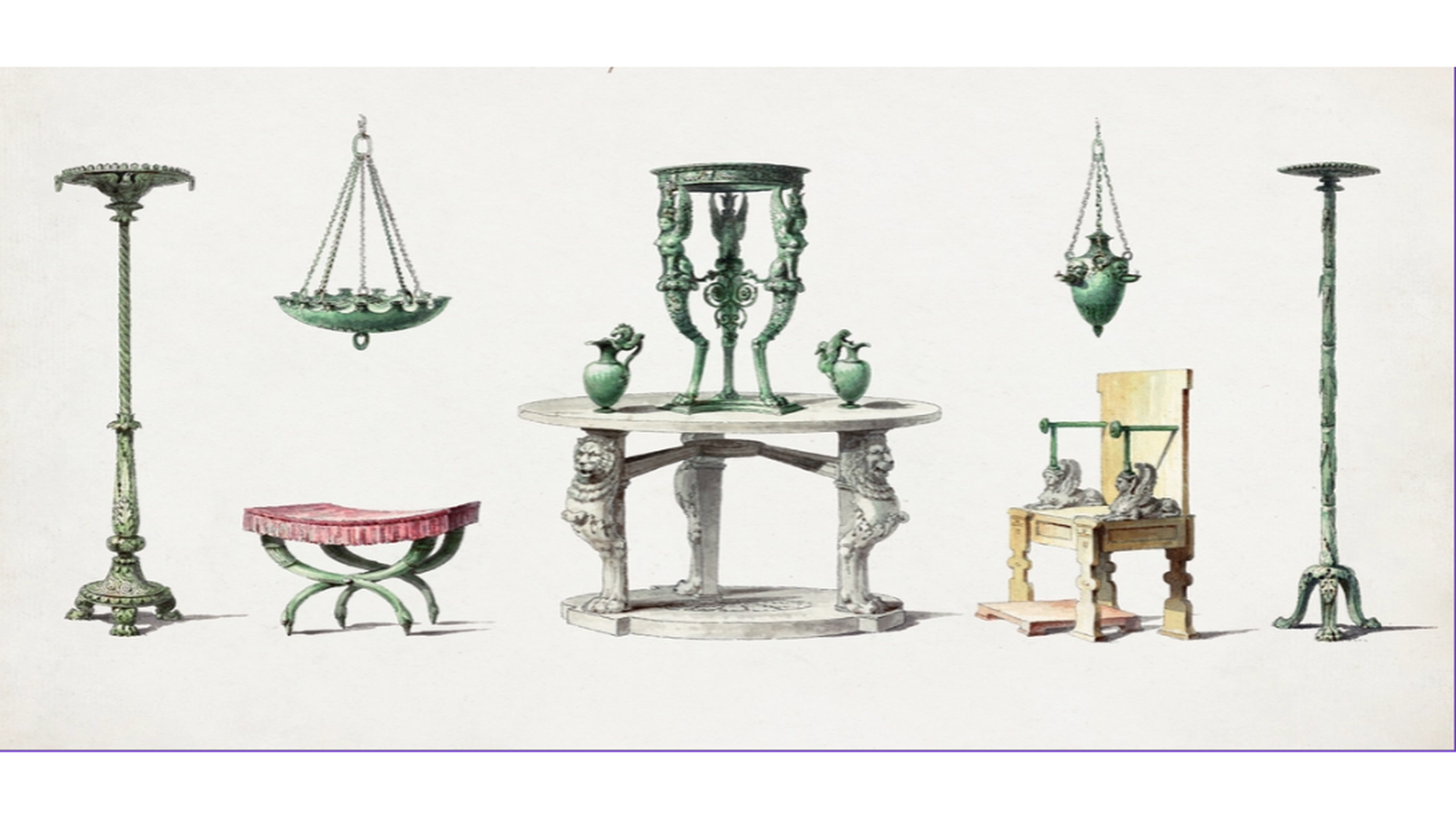 Collection of neoclassical furniture pieces with sculptural forms and Greco-Roman detailing.