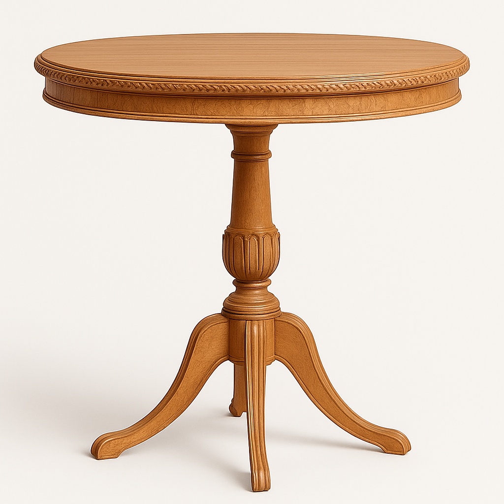Neoclassical wooden pedestal table with carved round top and tripod base.