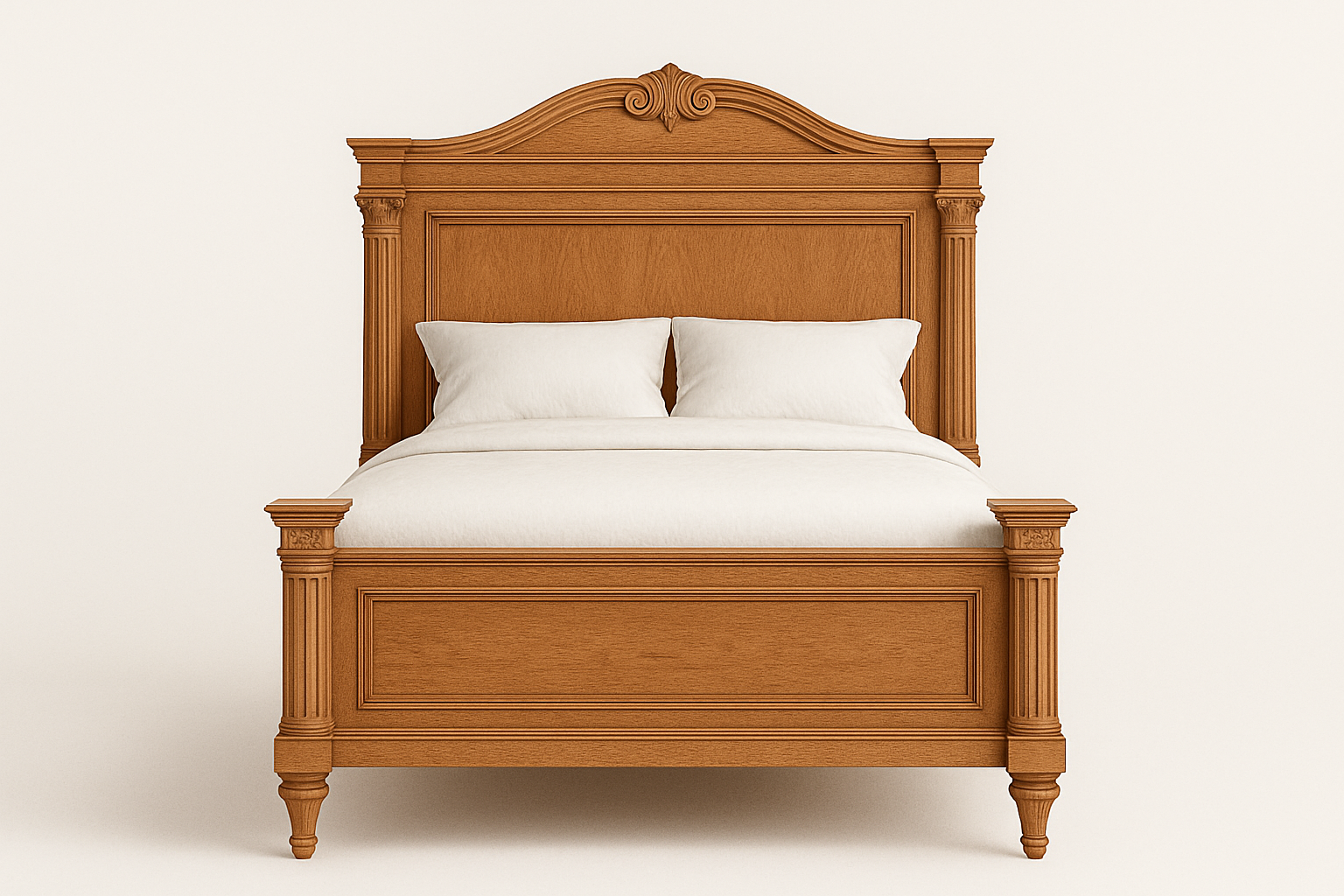Neoclassical wooden bed with carved headboard and fluted columns.