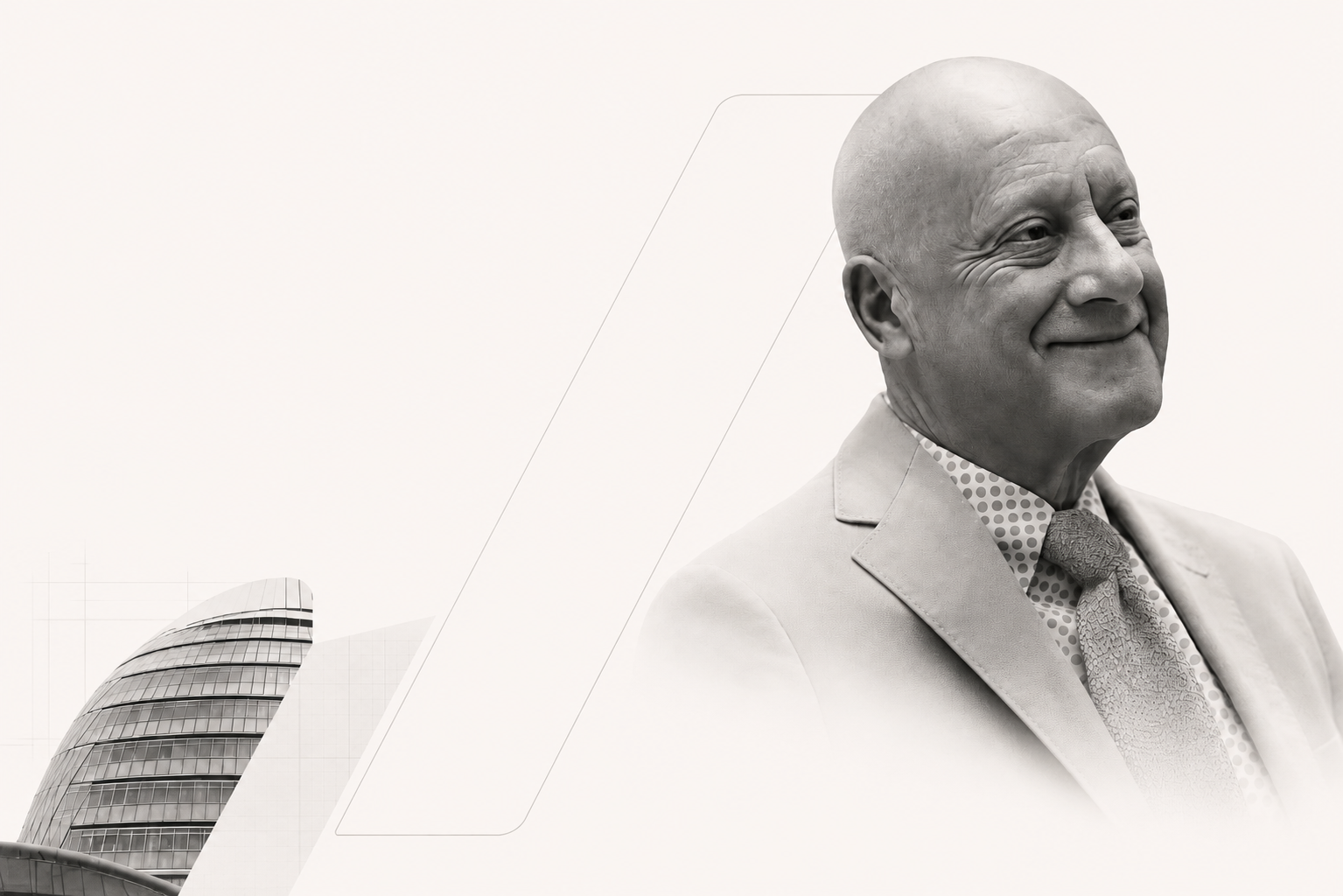 Digital tribute to Norman Foster showing abstracted geometry from his famous glass-and-steel designs.
