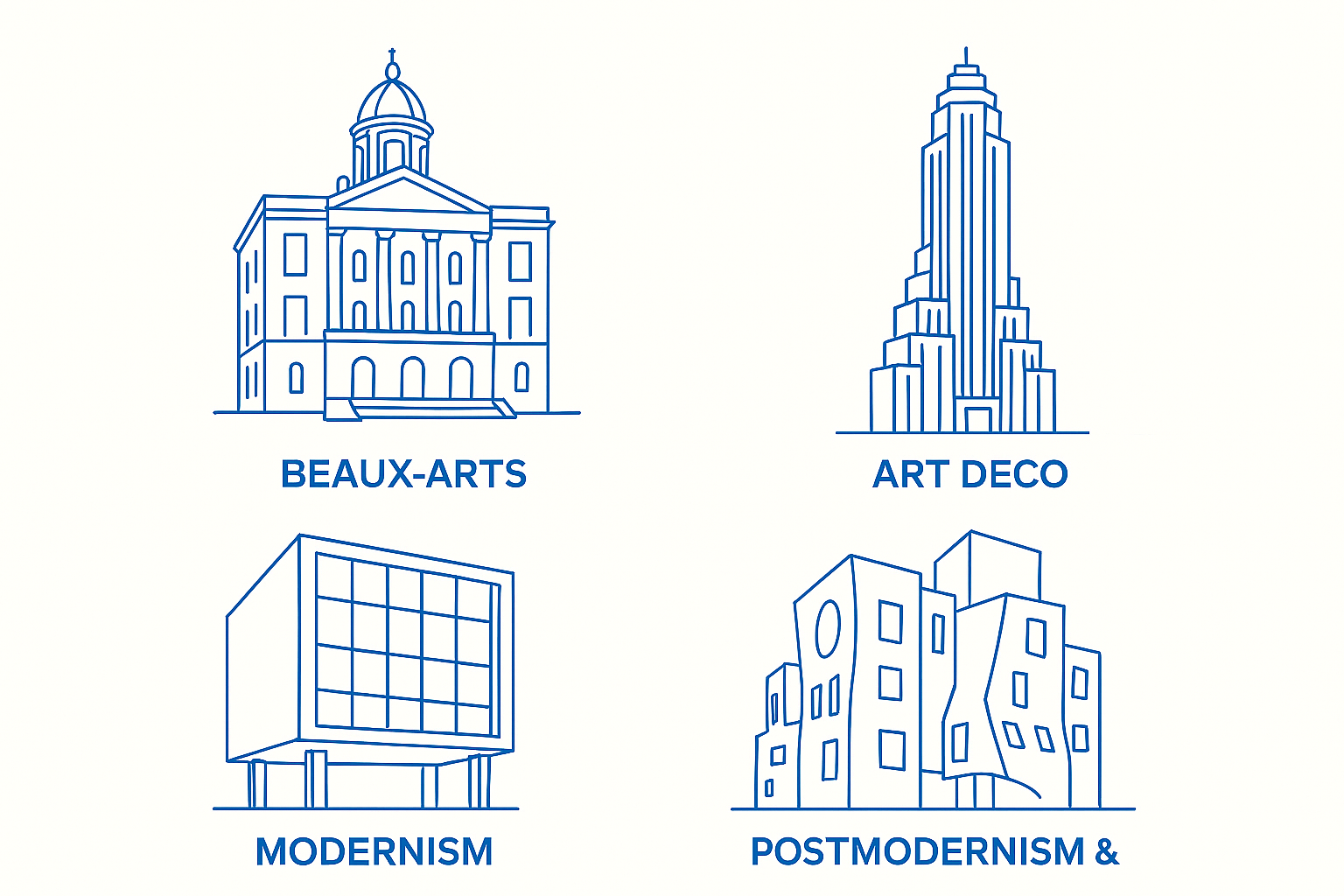 Infographic with sketches of Beaux-Arts, Art Deco, Modernism, and Deconstructivism styles.