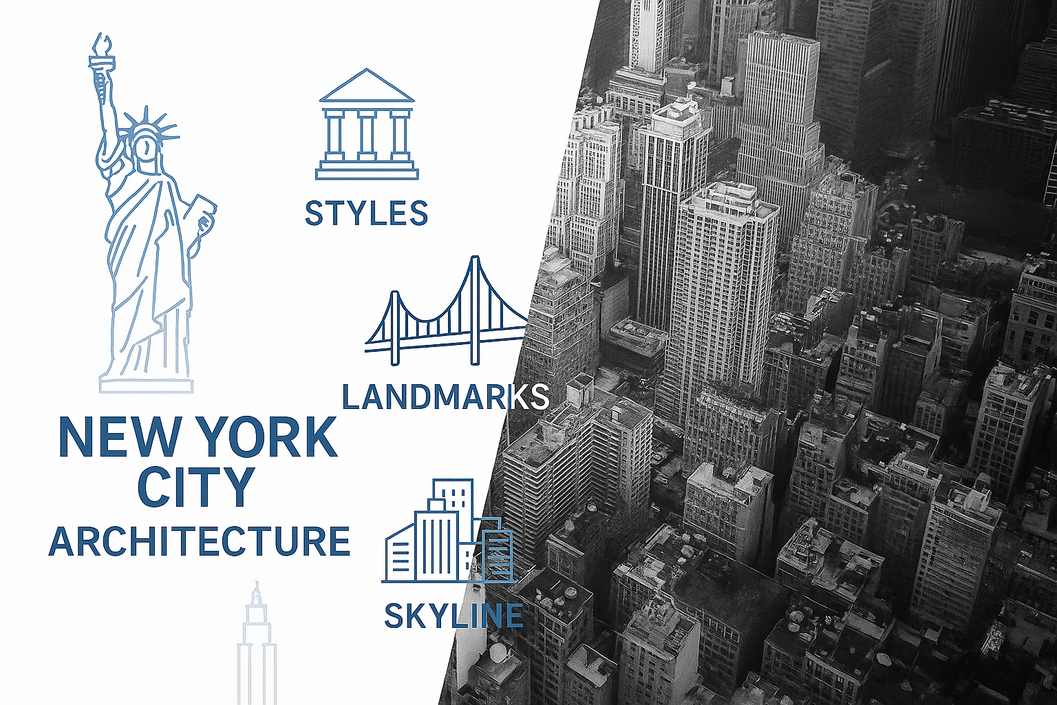 Infographic blending blue line icons of NYC architecture with aerial Manhattan photo.
