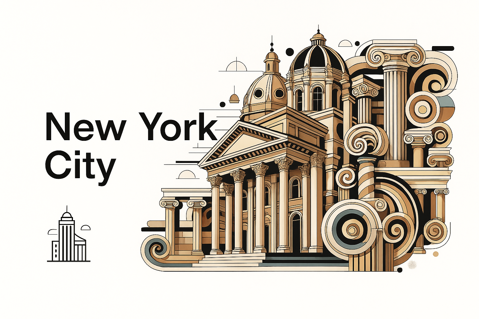 Infographic showing NYC architecture history with aerial Manhattan photo.
