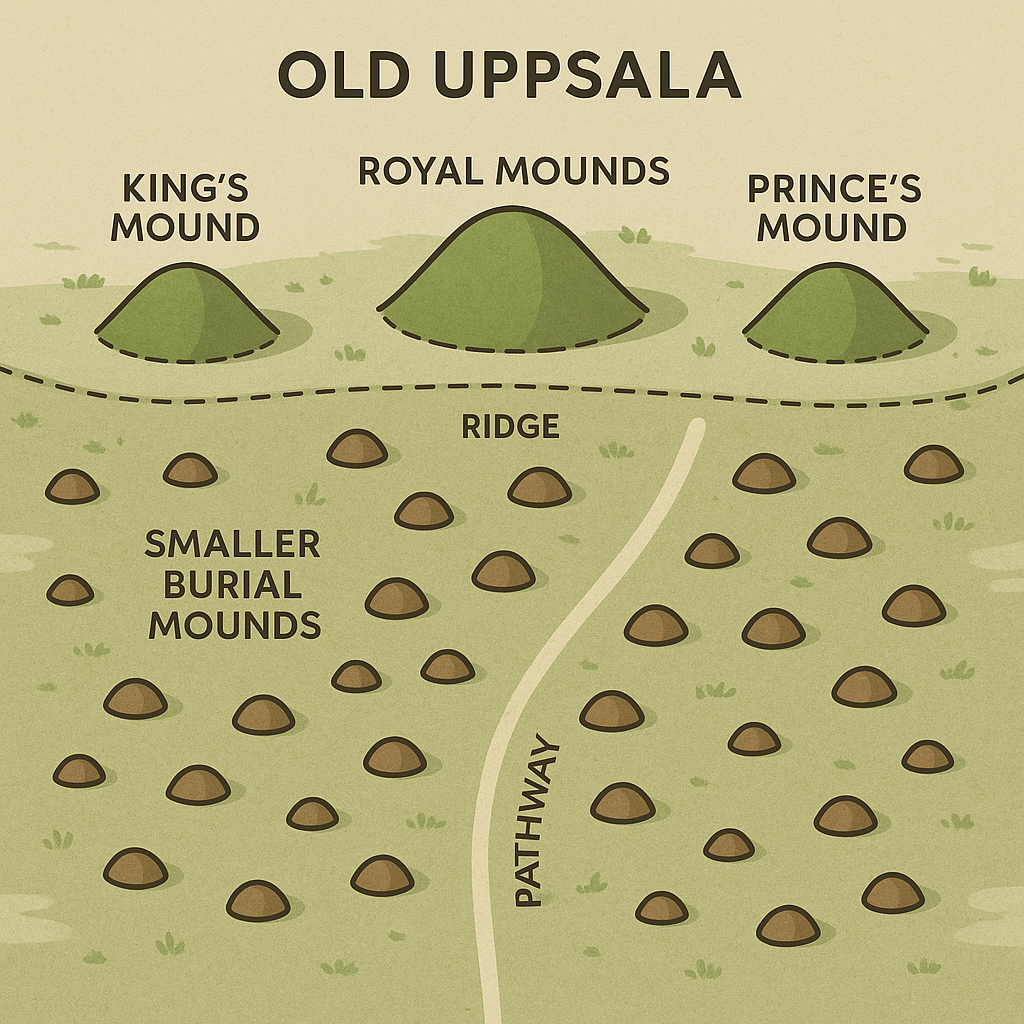 Top-down diagram showing the layout of burial mounds at Old Uppsala, including royal and smaller mounds.