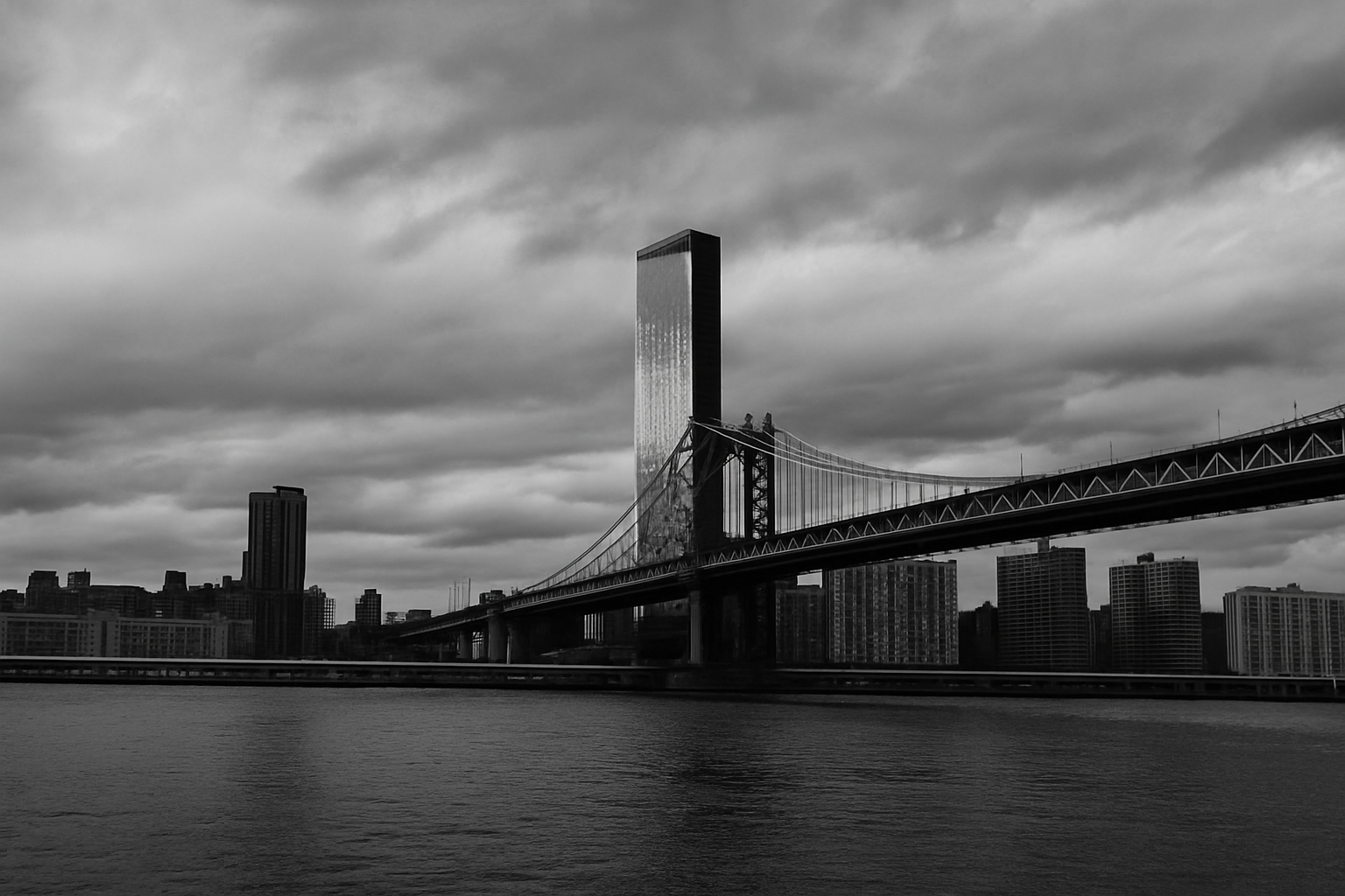  Black and white photo of One Manhattan Square and Manhattan Bridge in New York City.