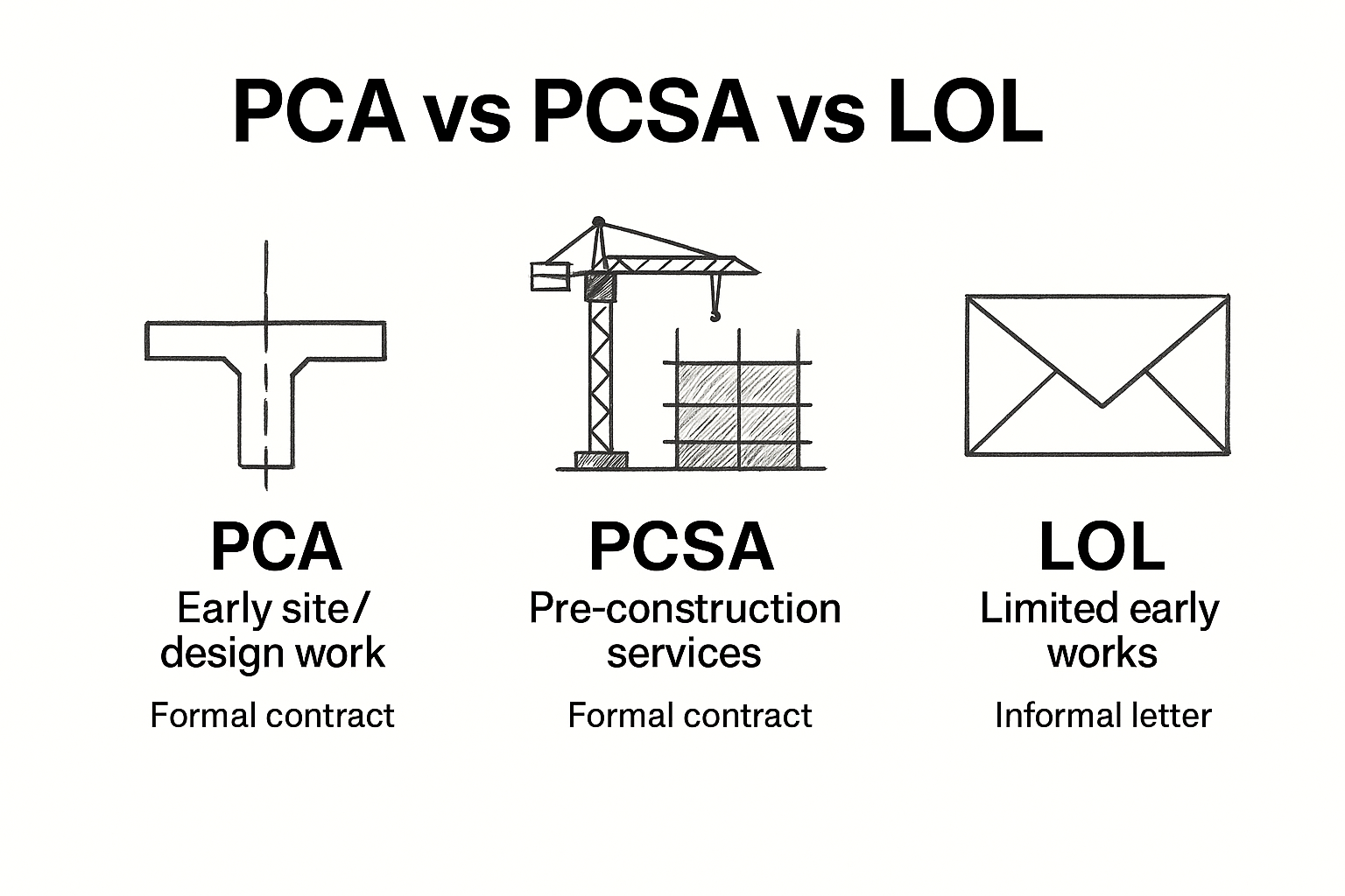 Infographic comparing PCA, PCSA, and LOI in construction contracts