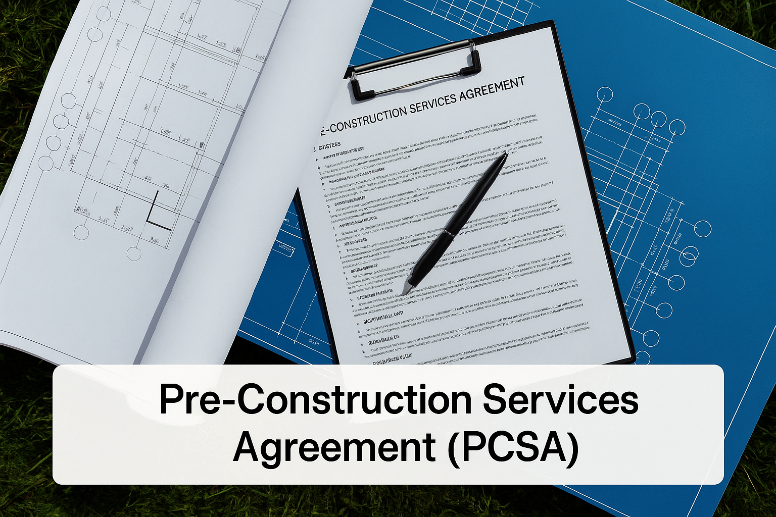 Detailed Pre-Construction Services Agreement (PCSA) clipped on top of architectural blueprints, symbolizing early-stage planning, documentation, and contractual clarity in building projects.