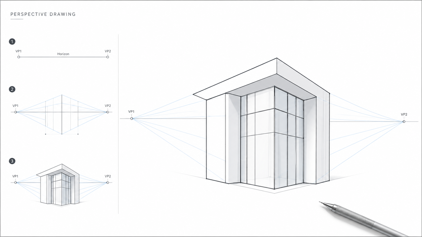Architectural perspective drawing diagram showing horizon line, two vanishing points, and a simple step-by-step construction.