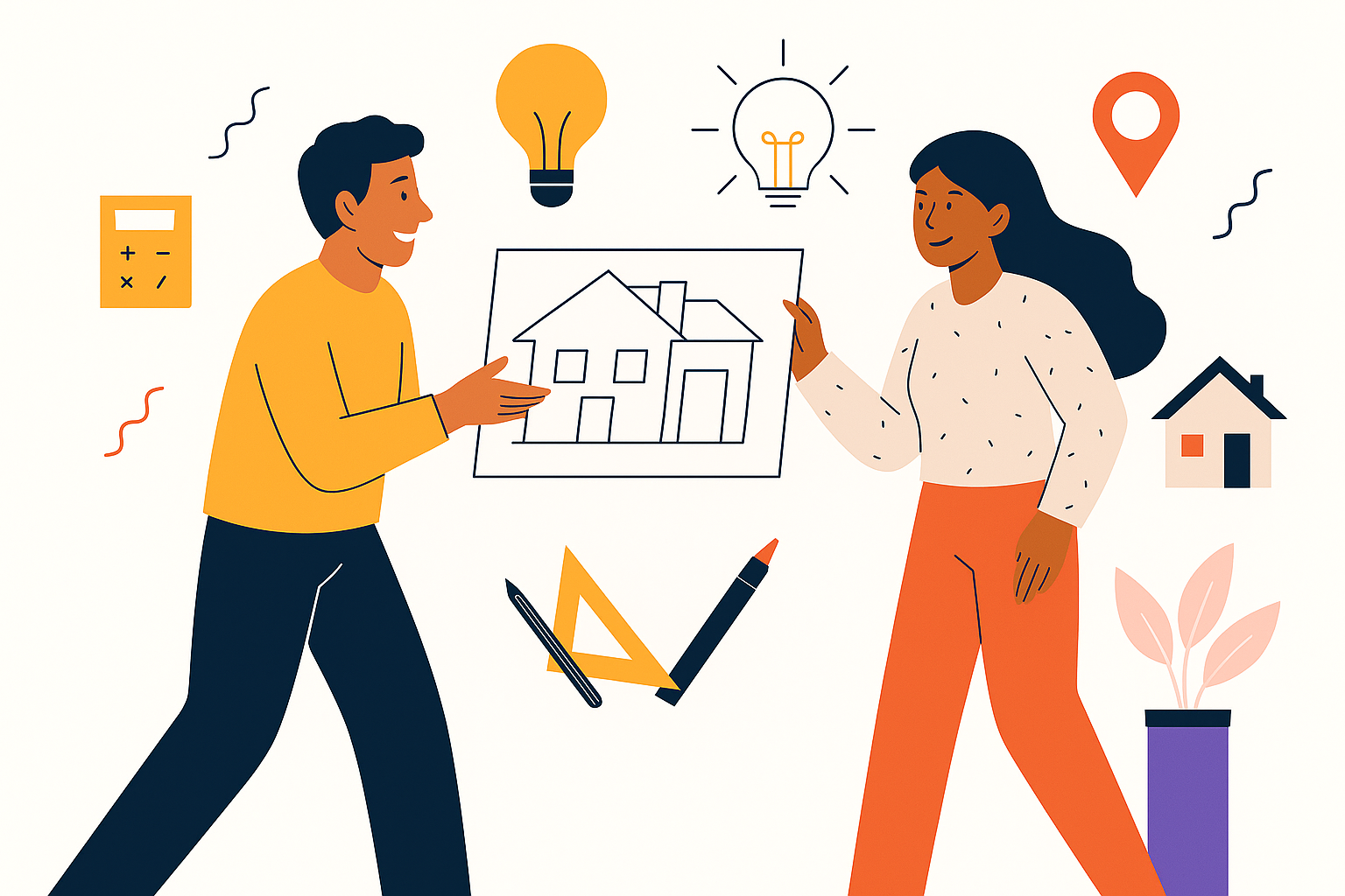 Couple holding a house blueprint surrounded by icons of budgeting, location, and ideas.