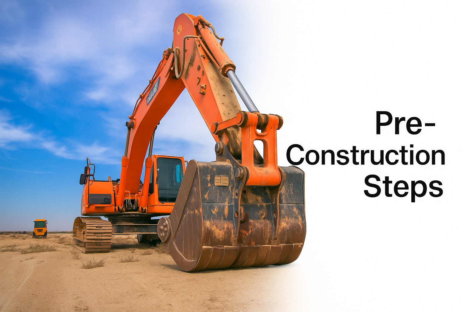 Excavator on construction site under blue sky with “Pre-Construction Steps” text.