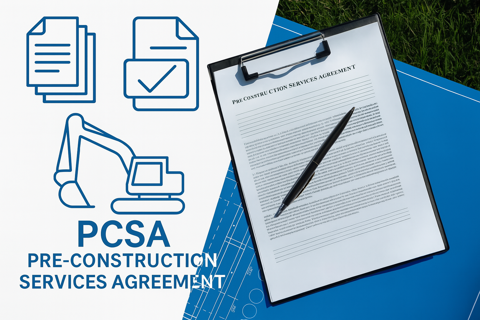 PCSA agreement clipboard on blueprints with digital icons and title overlay